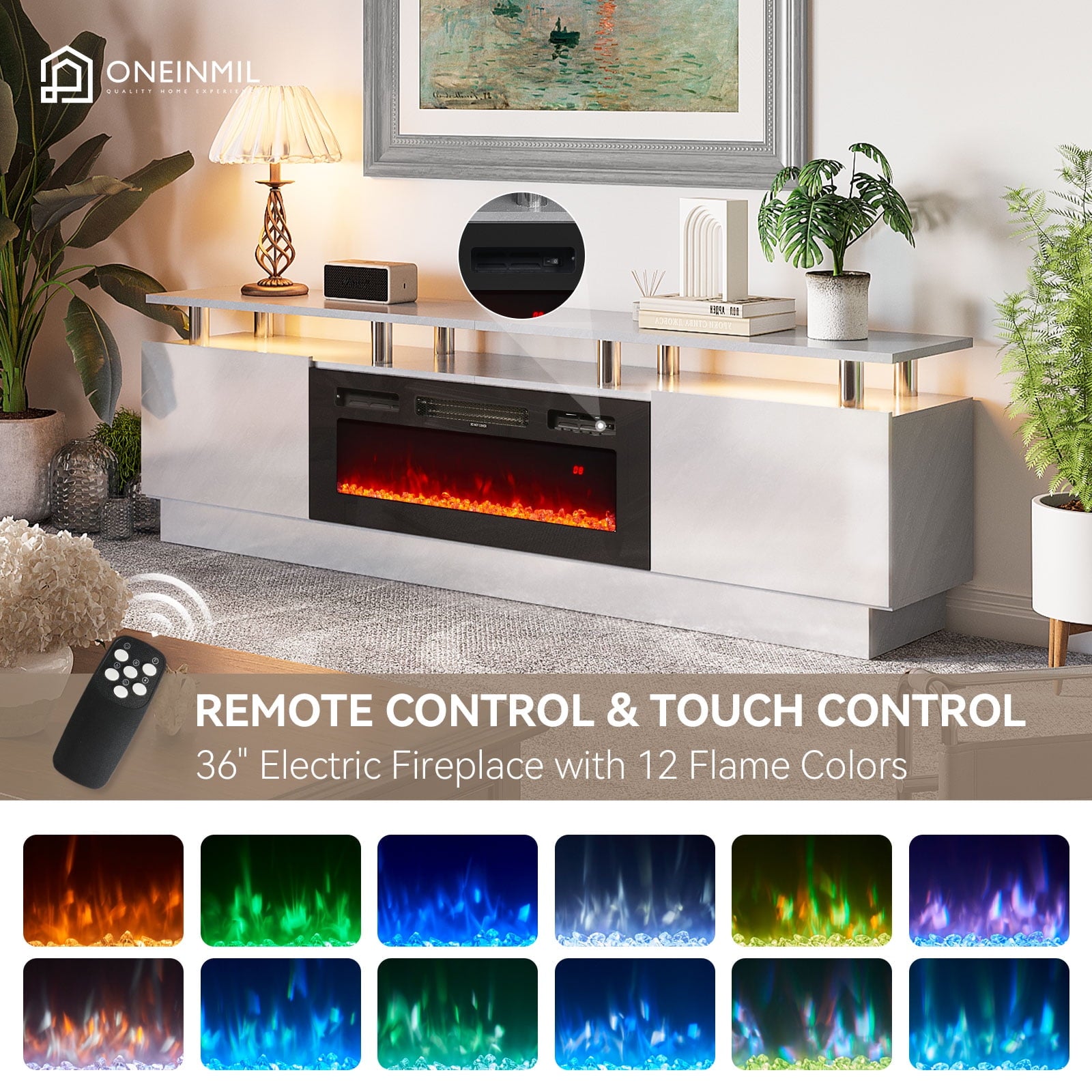 Fireplace TV Stand with 36" Electric Fireplace, Entertainment Center for TVs up to 90", LED Lights Entertainment Center, TV Console, Grey