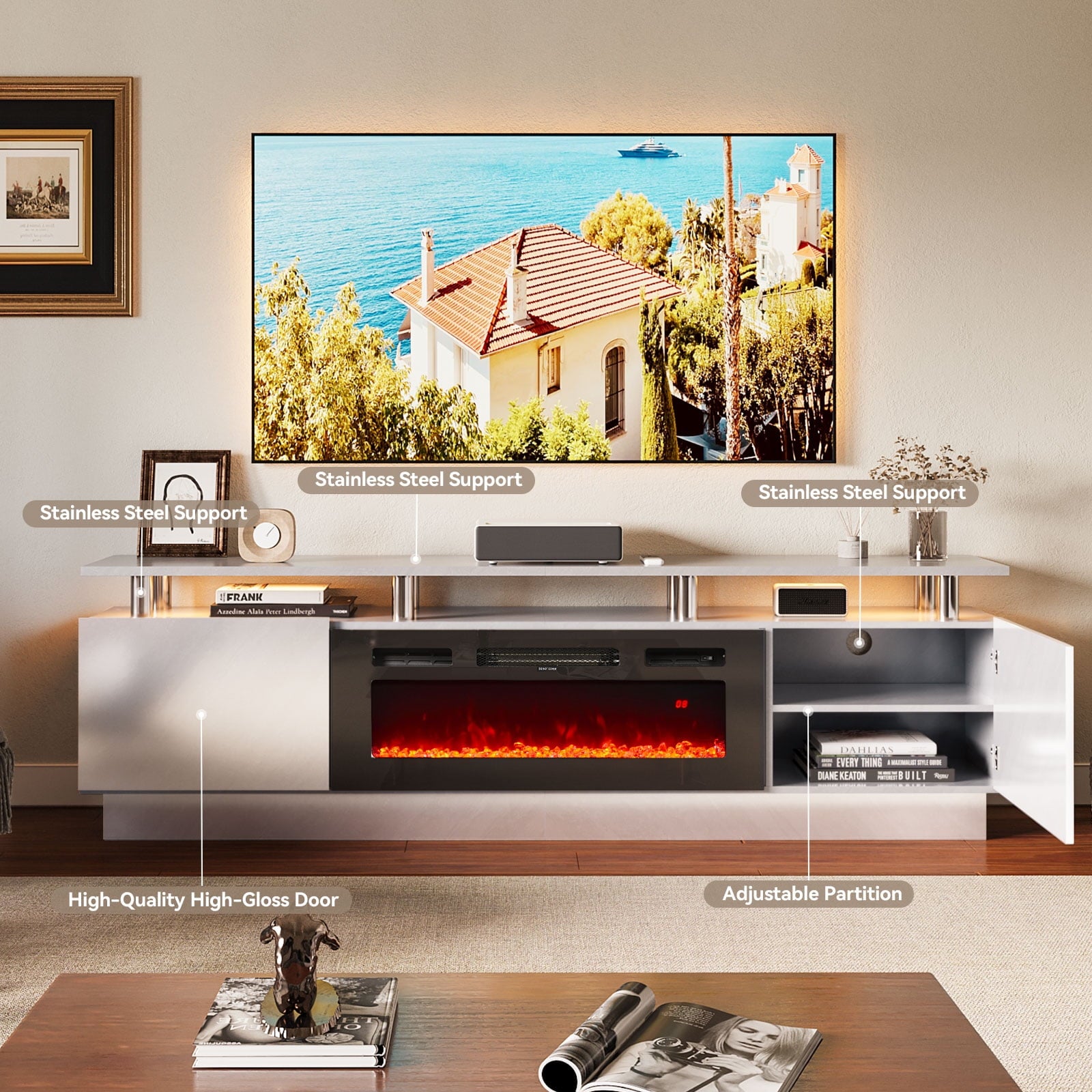 Fireplace TV Stand with 36" Electric Fireplace, Entertainment Center for TVs up to 90", LED Lights Entertainment Center, TV Console, Grey