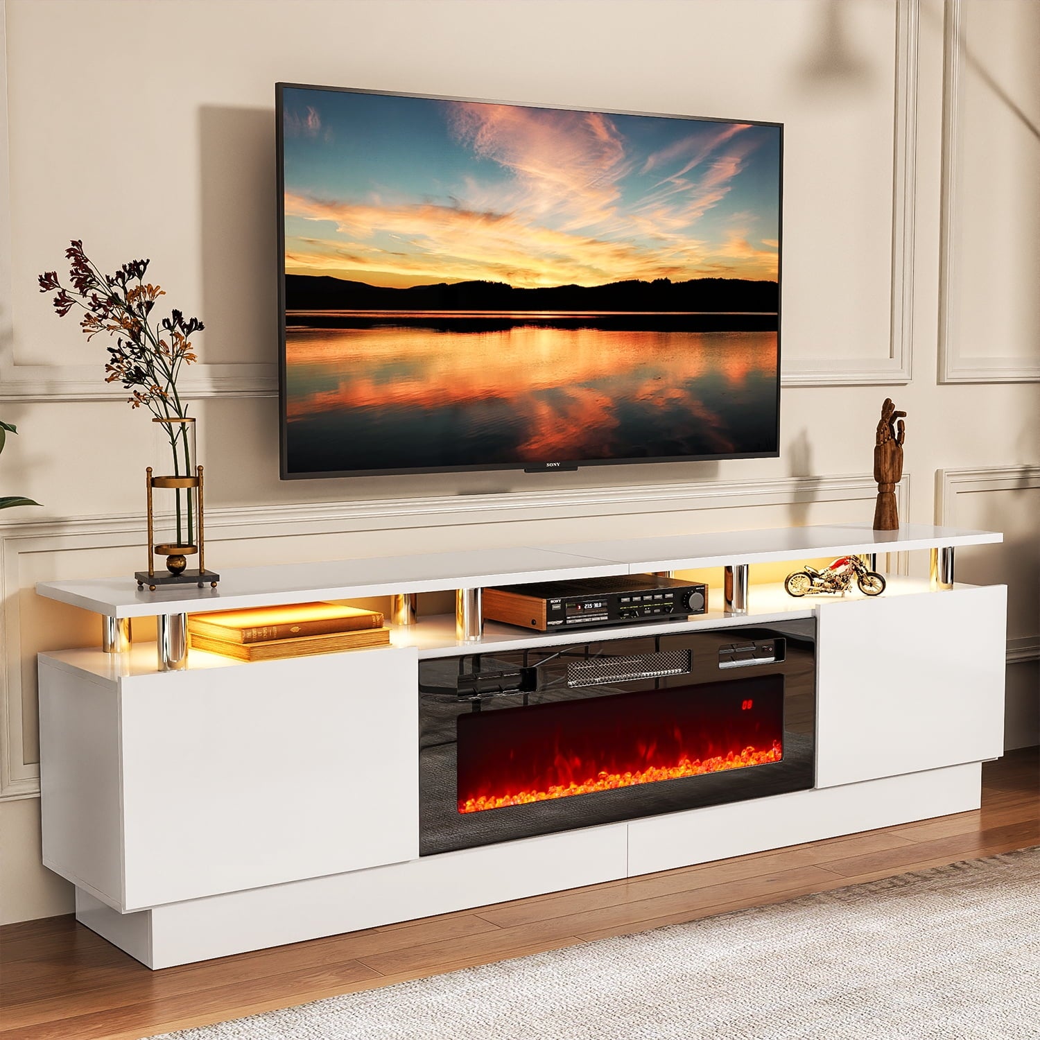 Fireplace TV Stand with 36" Electric Fireplace, Entertainment Center for TVs up to 90", LED Lights Entertainment Center, TV Console, White