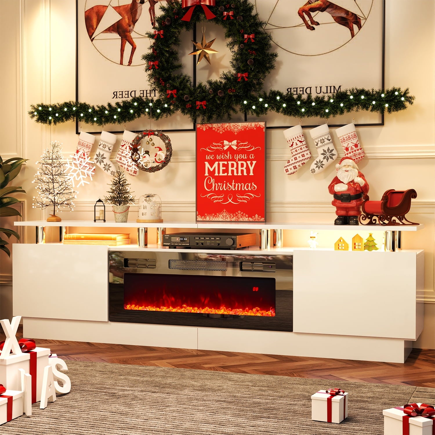 Fireplace TV Stand with 36" Electric Fireplace, Entertainment Center for TVs up to 90", LED Lights Entertainment Center, TV Console, White