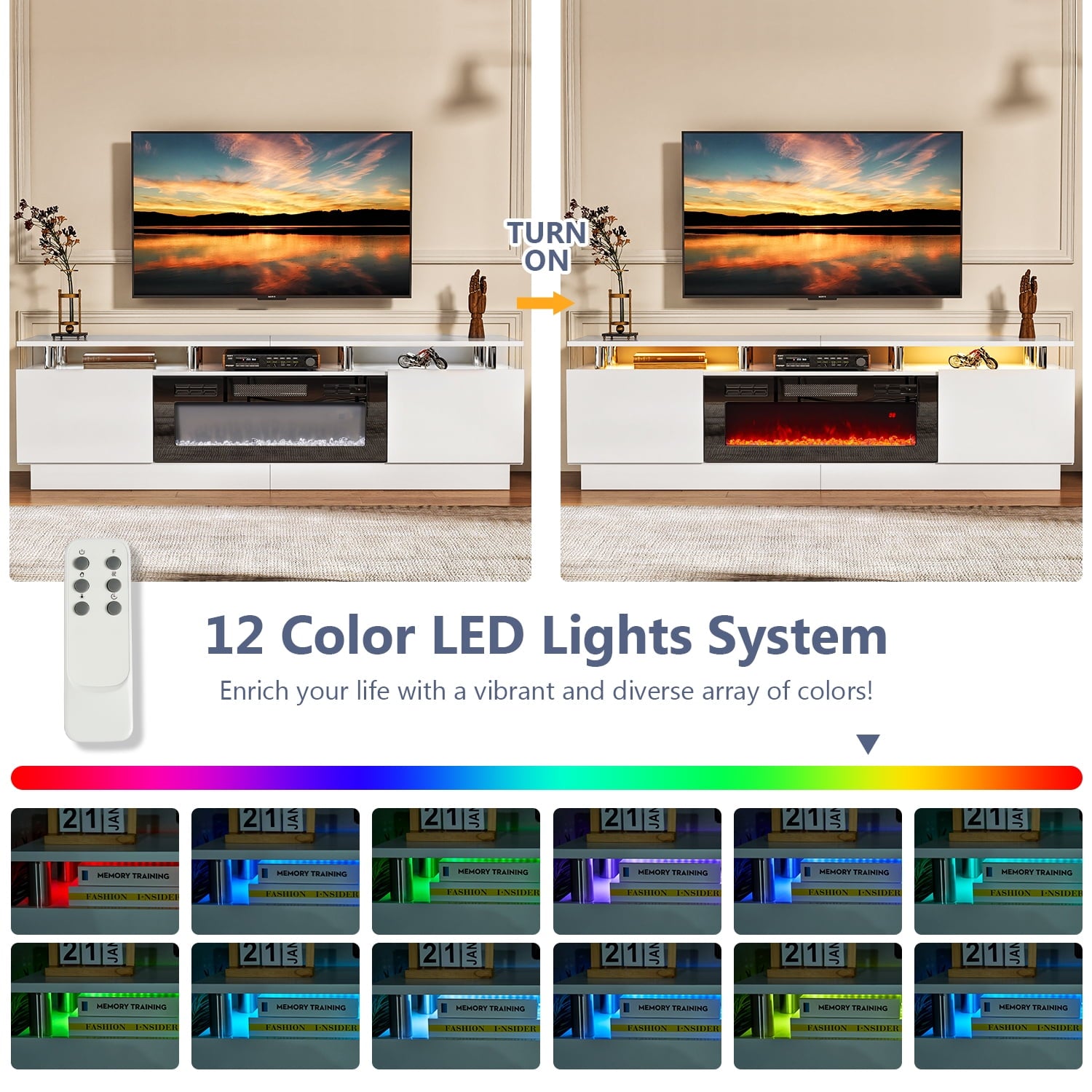 Fireplace TV Stand with 36" Electric Fireplace, Entertainment Center for TVs up to 90", LED Lights Entertainment Center, TV Console, White