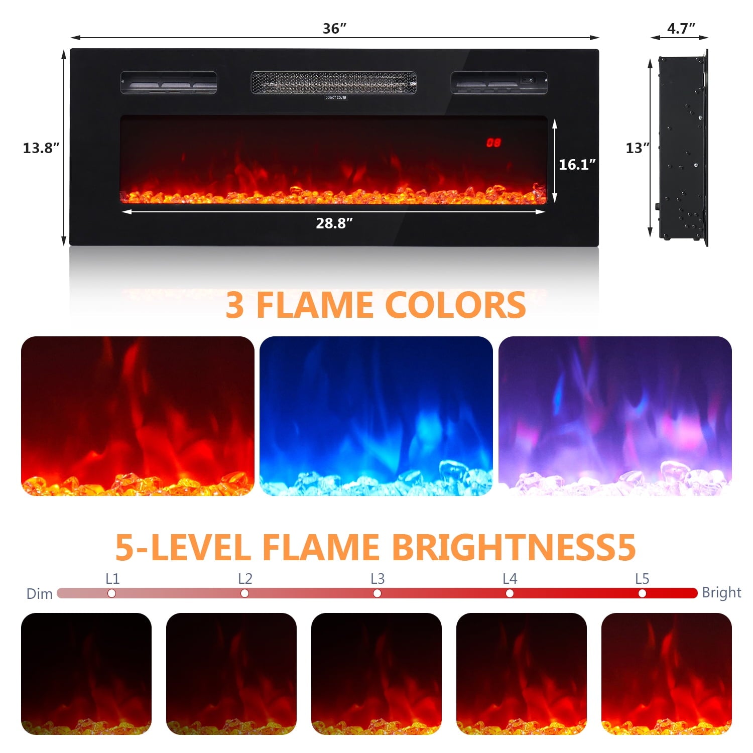 Fireplace TV Stand with 36" Electric Fireplace, Entertainment Center for TVs up to 90", LED Lights Entertainment Center, TV Console, White