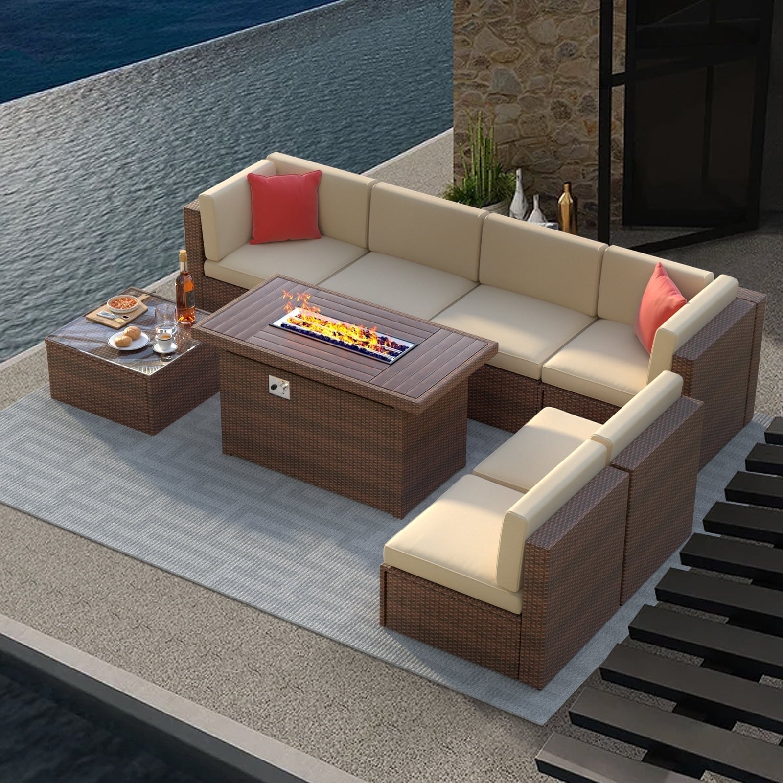 8 Pcs Patio Conversation Sets with Fire Pit Table,Outdoor Funituire Sets Begie