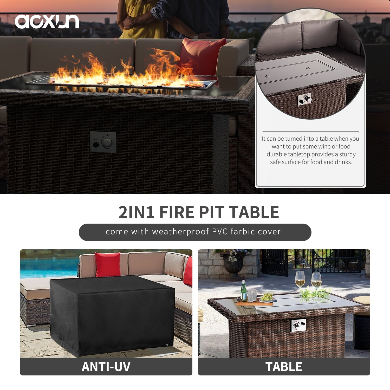 8 Piece Outdoor Patio Conversation Set with 44-inch Fire Pit Table,Outdoor Furniture Sectional Wicker Sofa Set with Beige Cushions