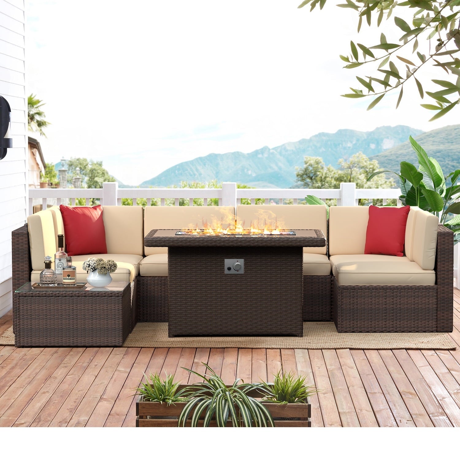 8 Piece Outdoor Patio Conversation Set with 44-inch Fire Pit Table,Outdoor Furniture Sectional Wicker Sofa Set with Beige Cushions