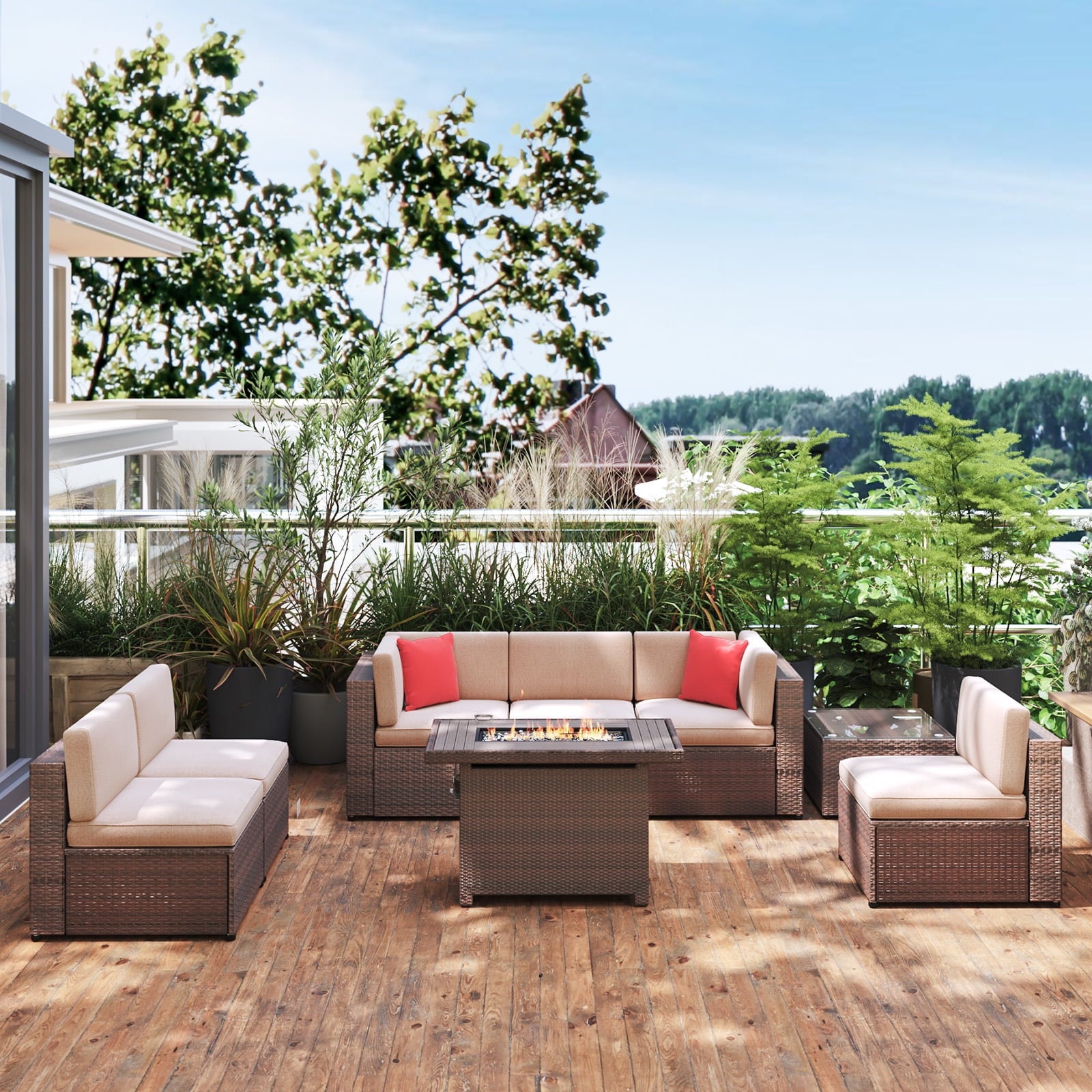 8 Pcs Patio Furniture Sets with Fire Pit Table,Patio Conversation Sets,Brown