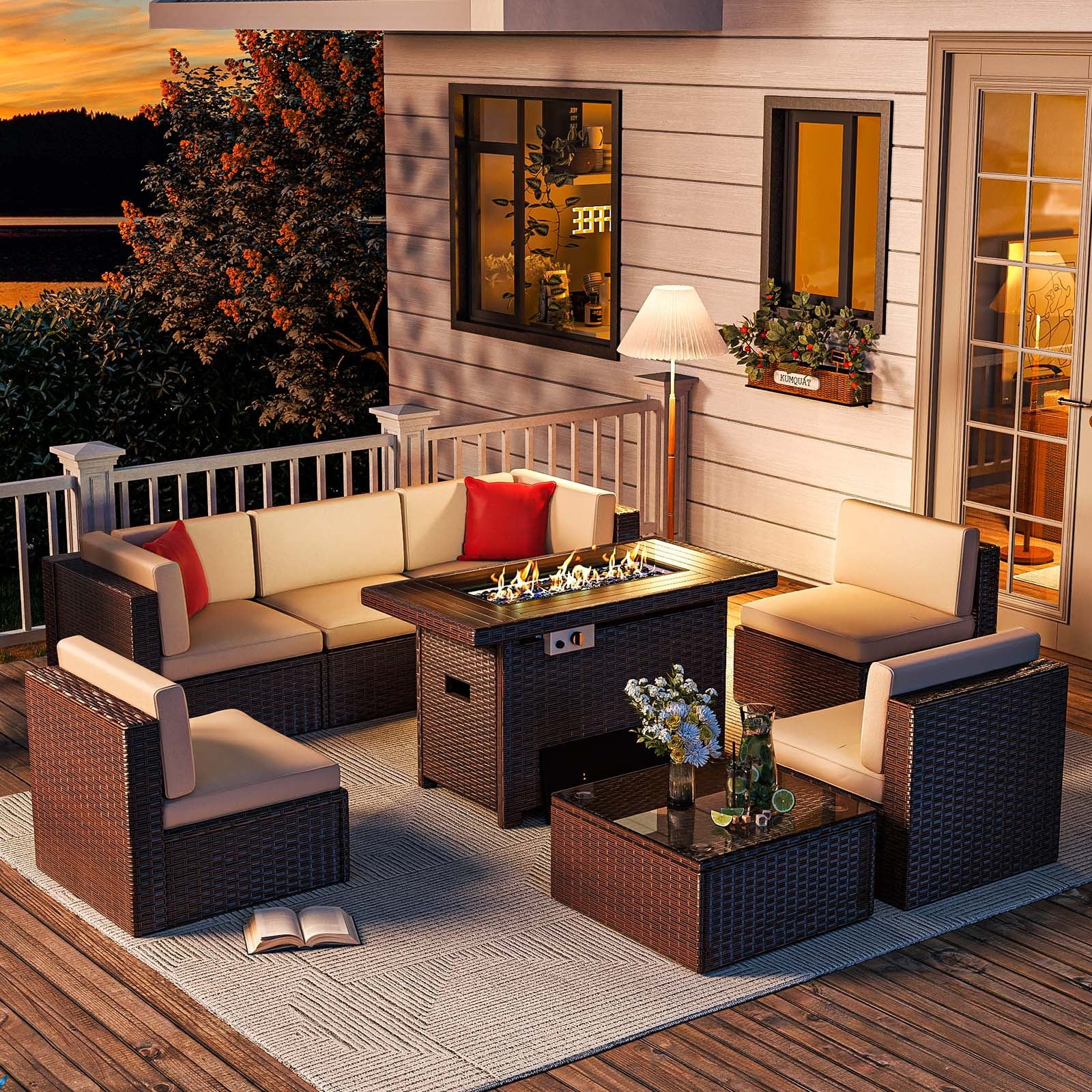 8 Pcs Patio Conversation Sets with Fire Pit Table,Patio Furnituire Sets,Brown