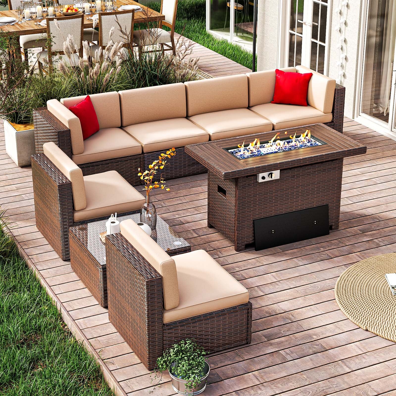 8 Pcs Patio Conversation Sets with Fire Pit Table,Patio Furnituire Sets,Brown