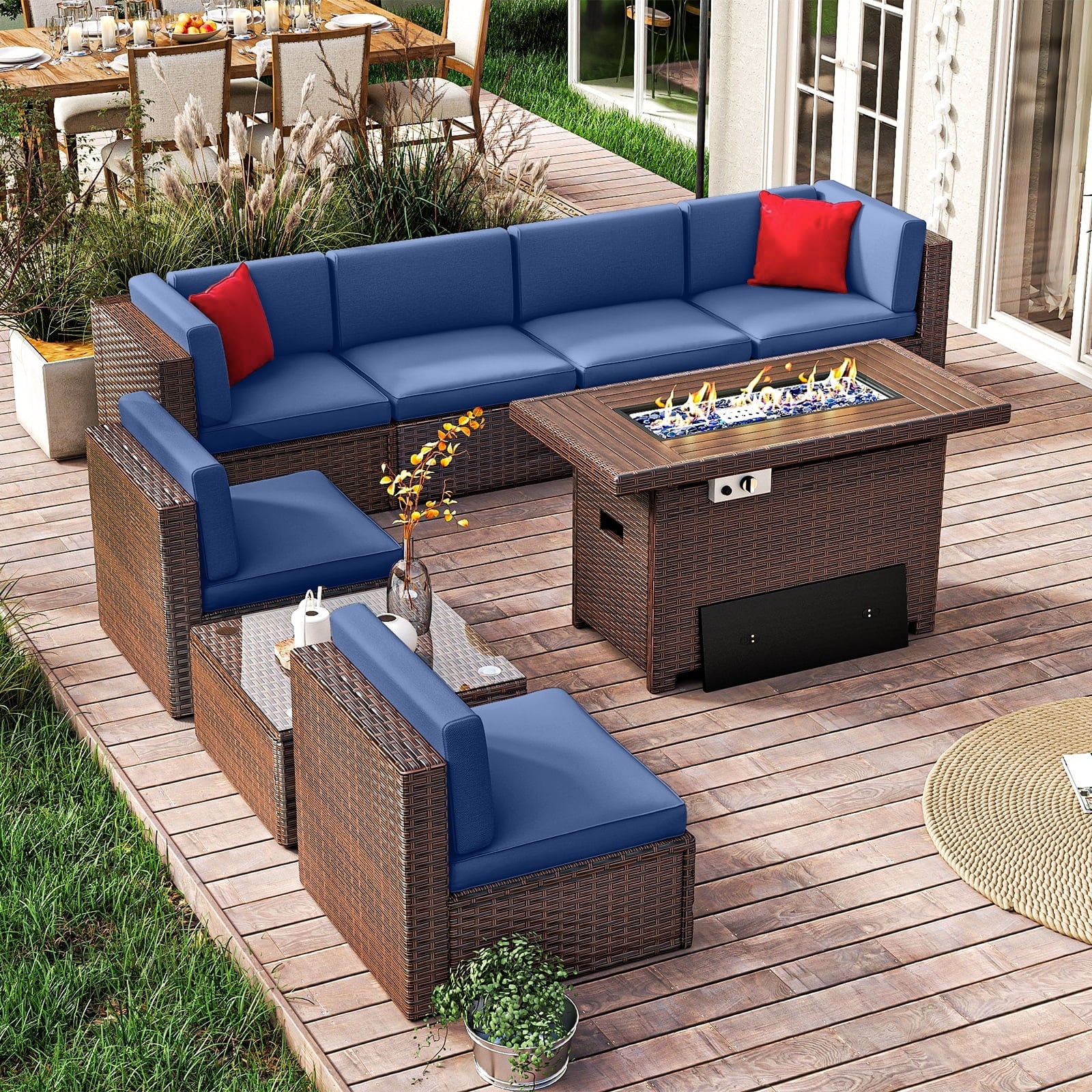 8 Pcs Patio Conversation Sets with Fire Pit Table,Patio Furnituire Sets,Blue