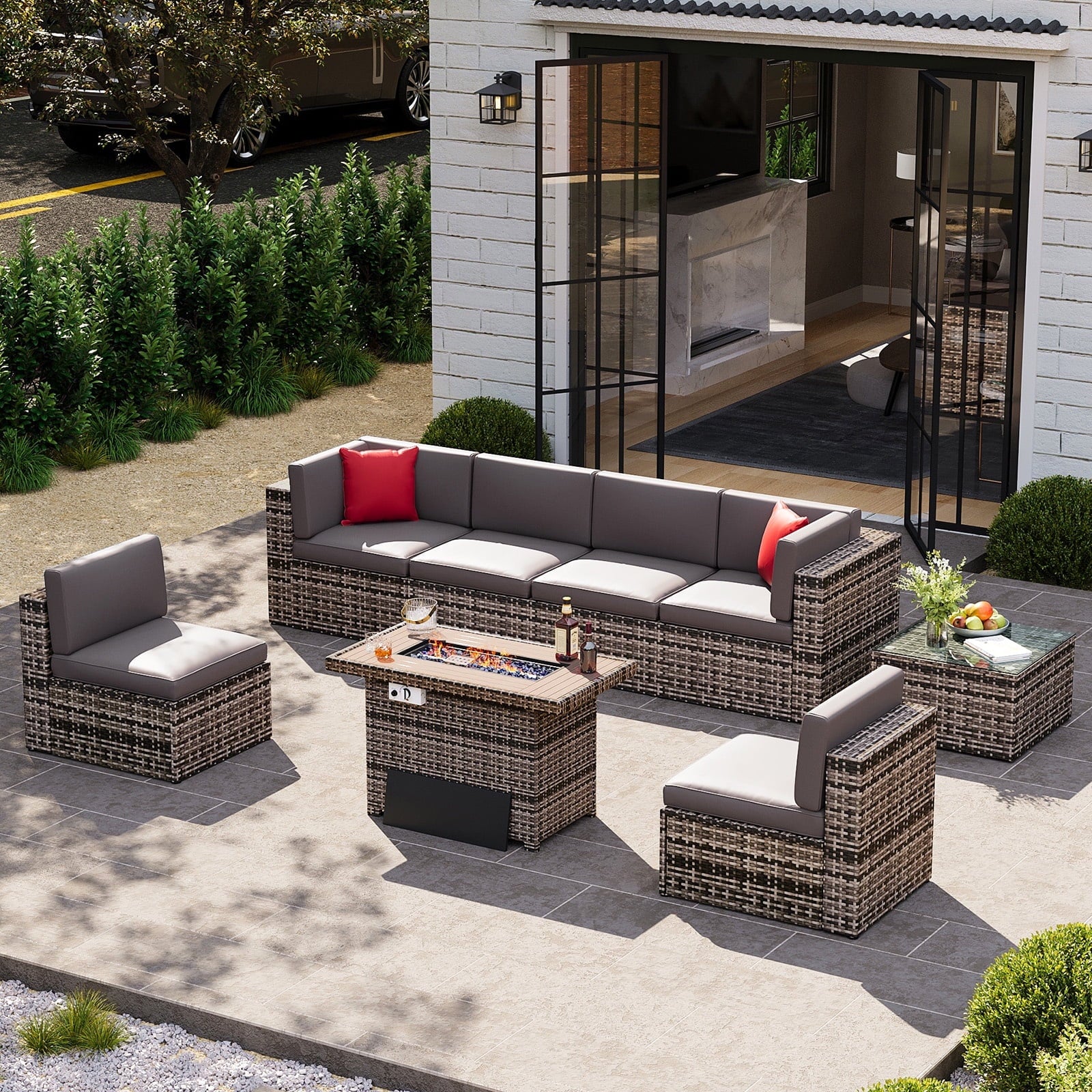 8 Pcs Patio Conversation Sets with Fire Pit Table,Outdoor Funituire Sets,Gray