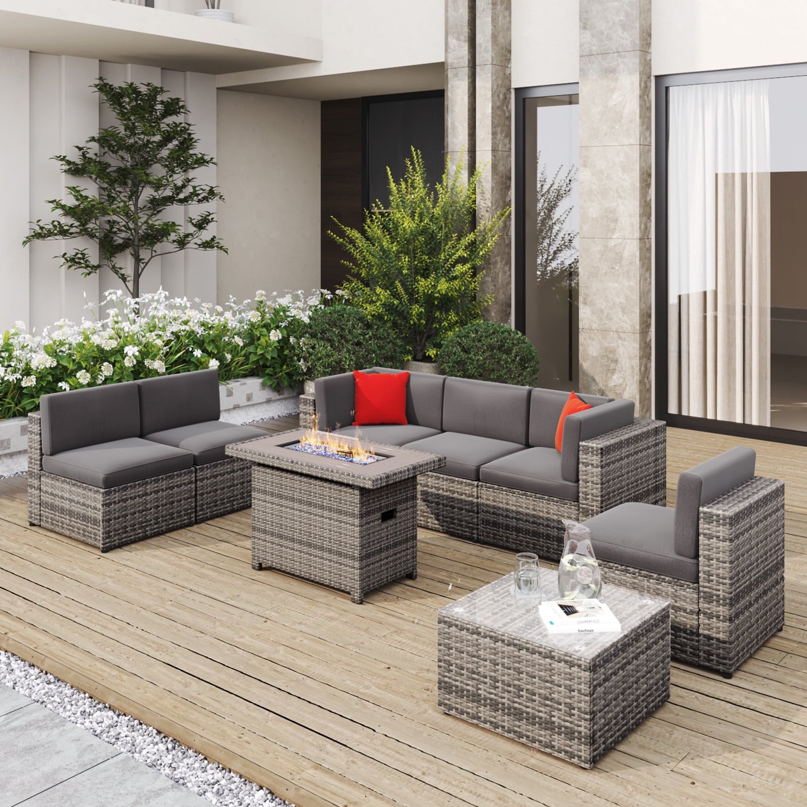 8 Pcs Patio Furniture Sets with Fire Pit Table,Patio Conversation Sets,Grey