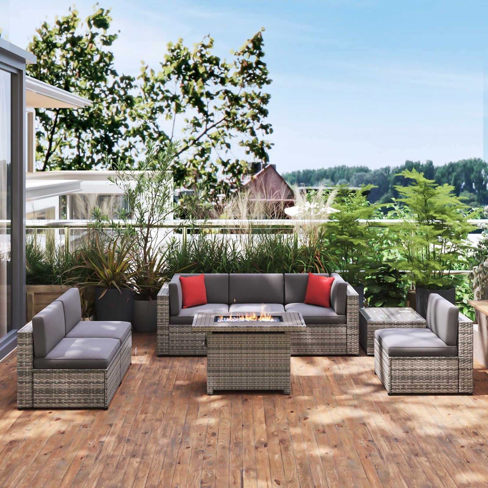 8 Pcs Patio Furniture Sets with Fire Pit Table,Patio Conversation Sets,Grey