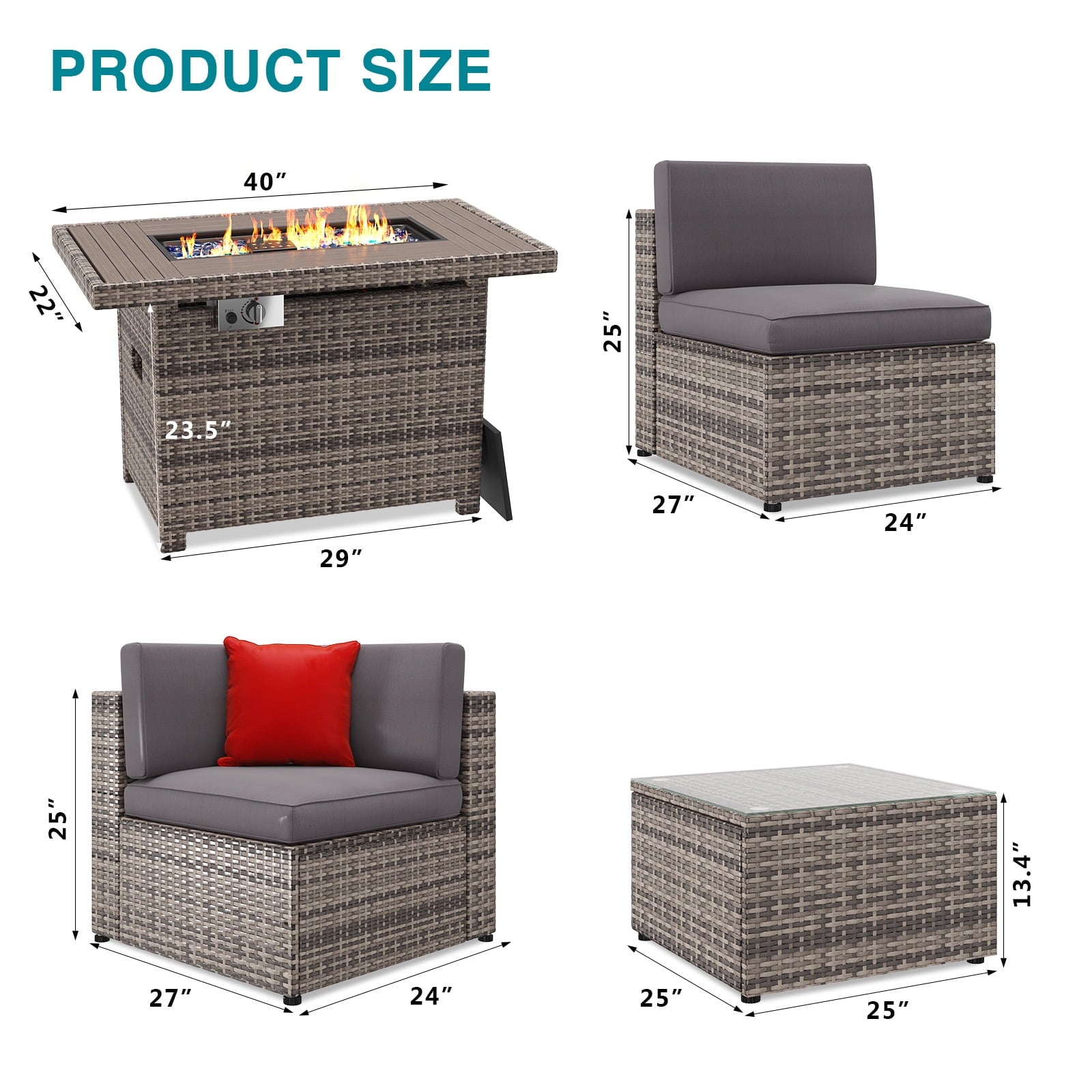 8 Pcs Patio Furniture Sets with Fire Pit Table,Patio Conversation Sets,Grey
