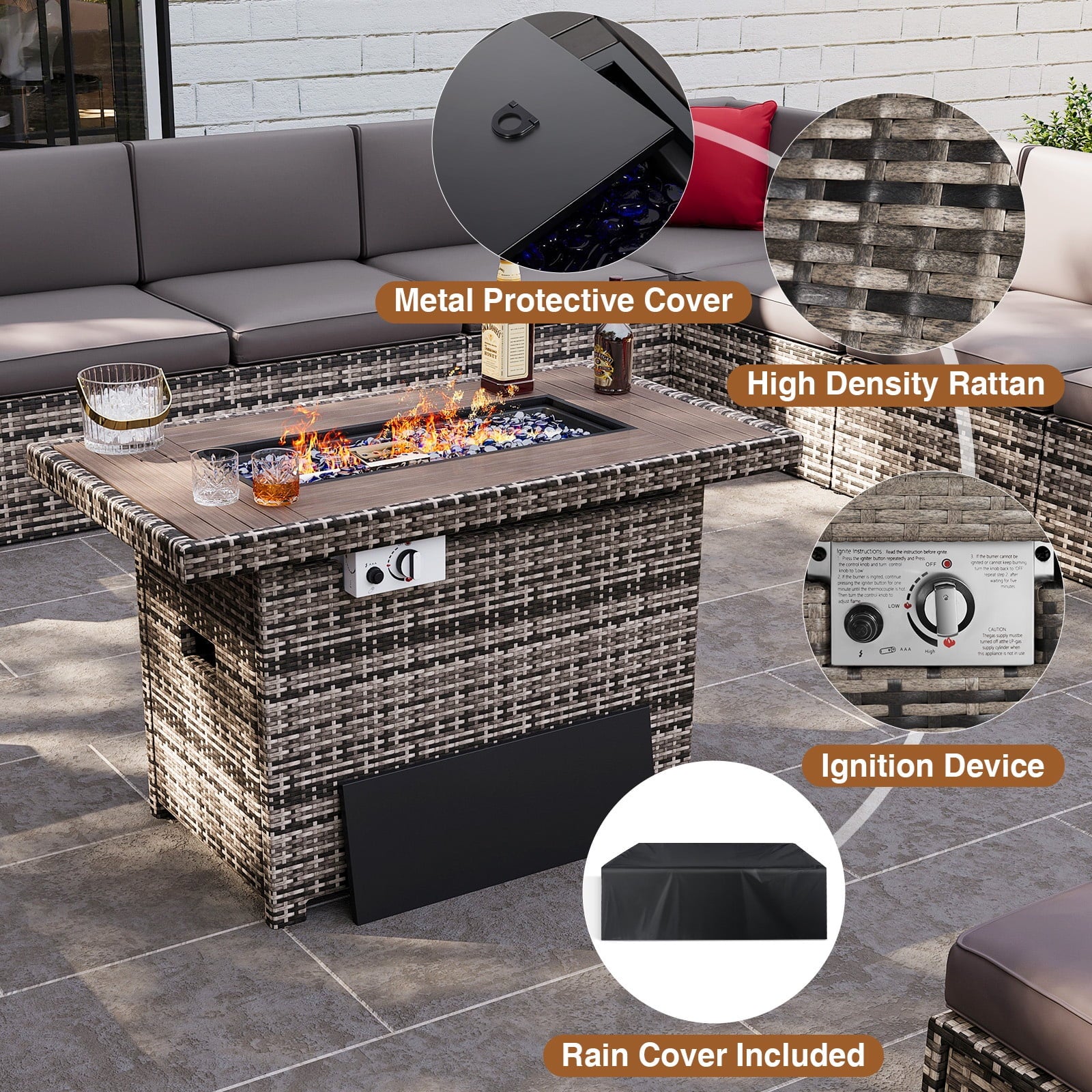 8 Pcs Patio Conversation Sets with Fire Pit Table,Outdoor Funituire Sets,Gray