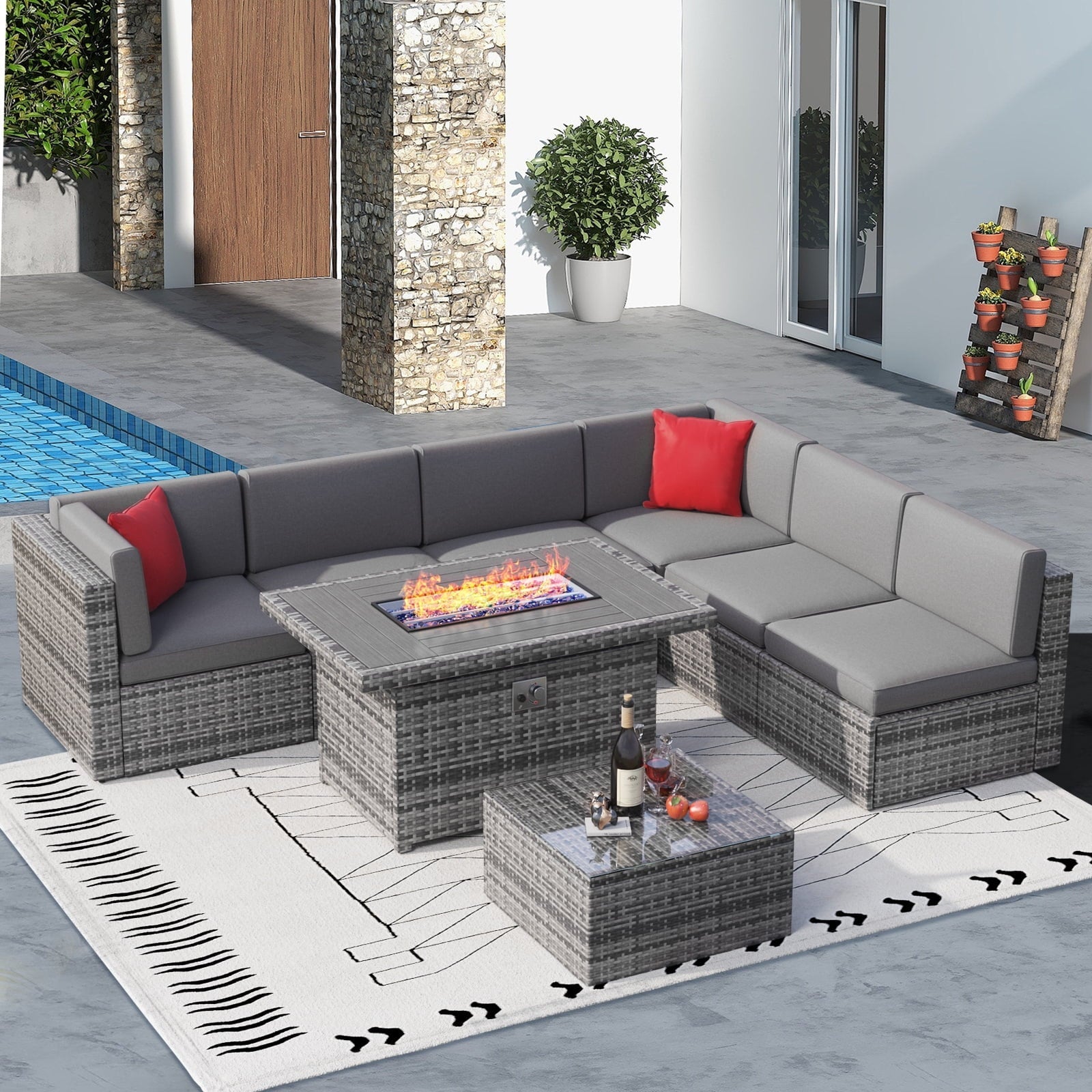 8 Pcs Patio Conversation Sets with Fire Pit Table,Outdoor Funituire Sets Grey