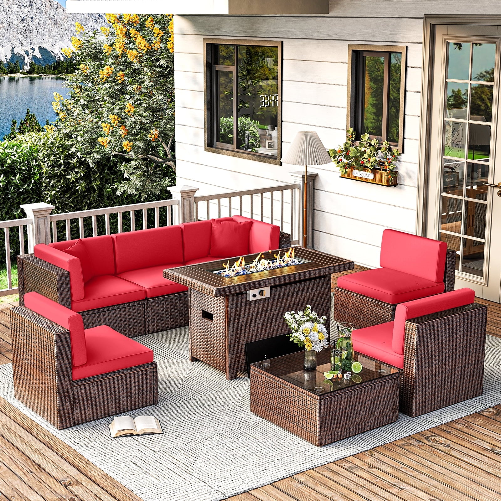 8 Pcs Patio Conversation Sets with Fire Pit Table,Patio Furnituire Sets,Red