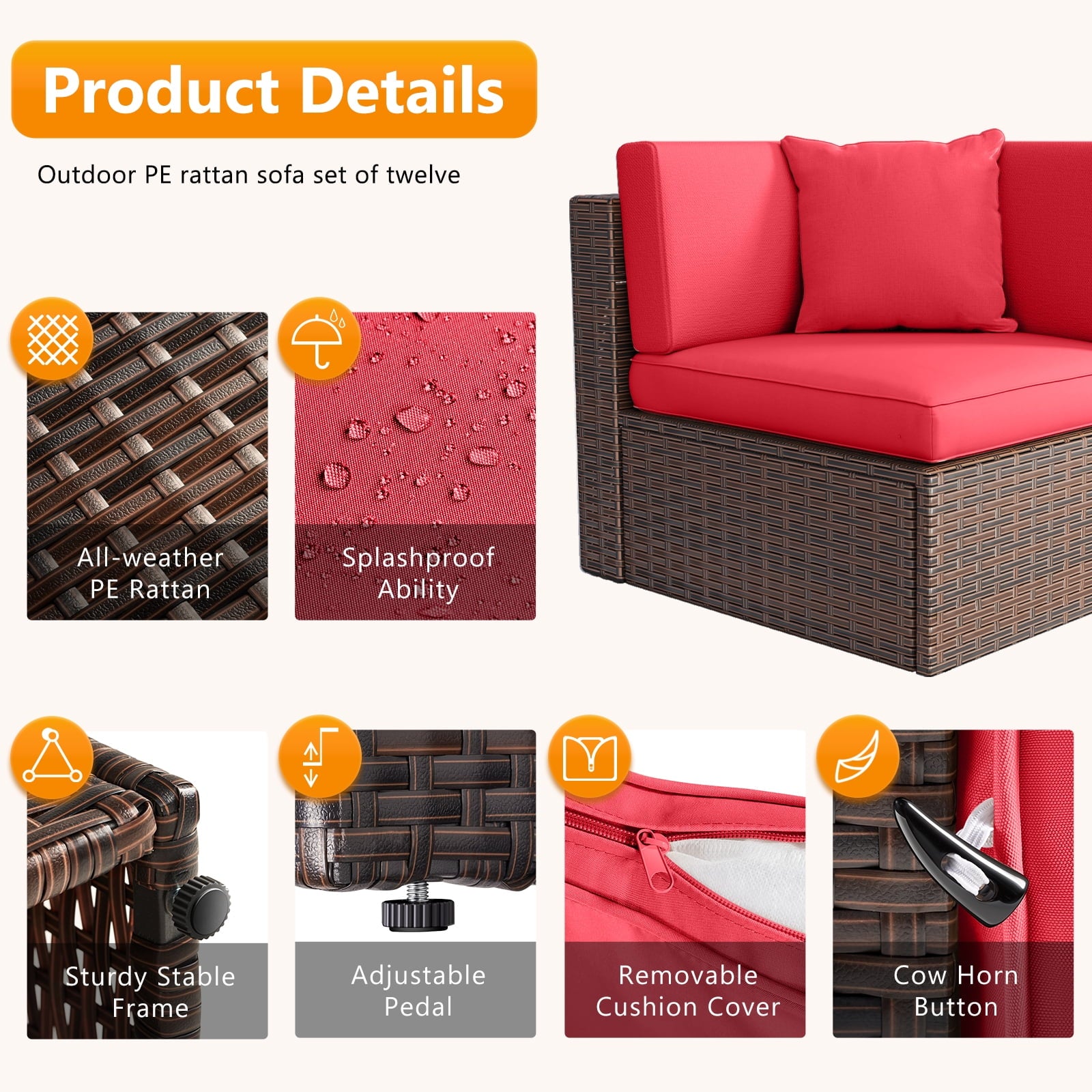 8 Pcs Patio Conversation Sets with Fire Pit Table,Patio Furnituire Sets,Red