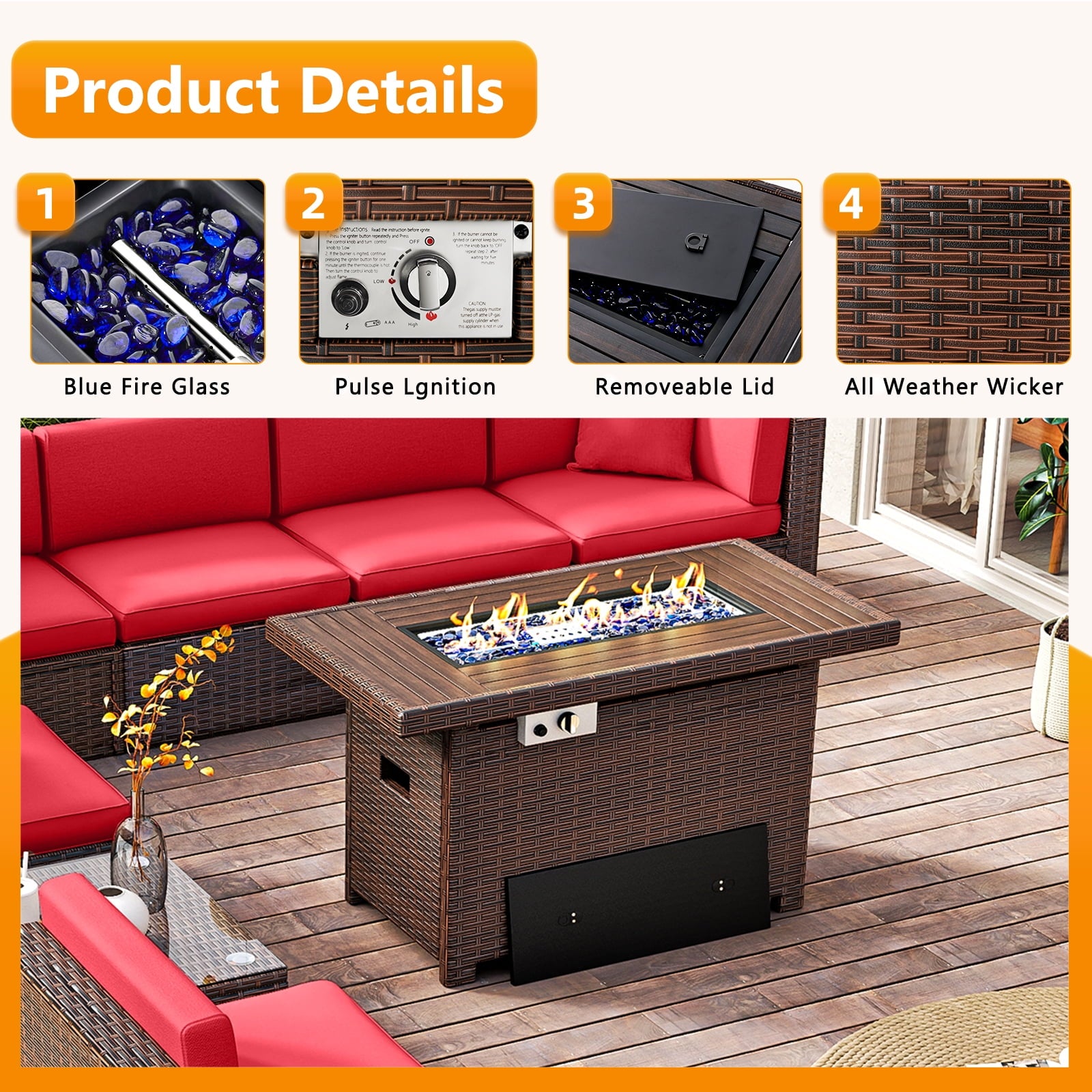 8 Pcs Patio Conversation Sets with Fire Pit Table,Patio Furnituire Sets,Red