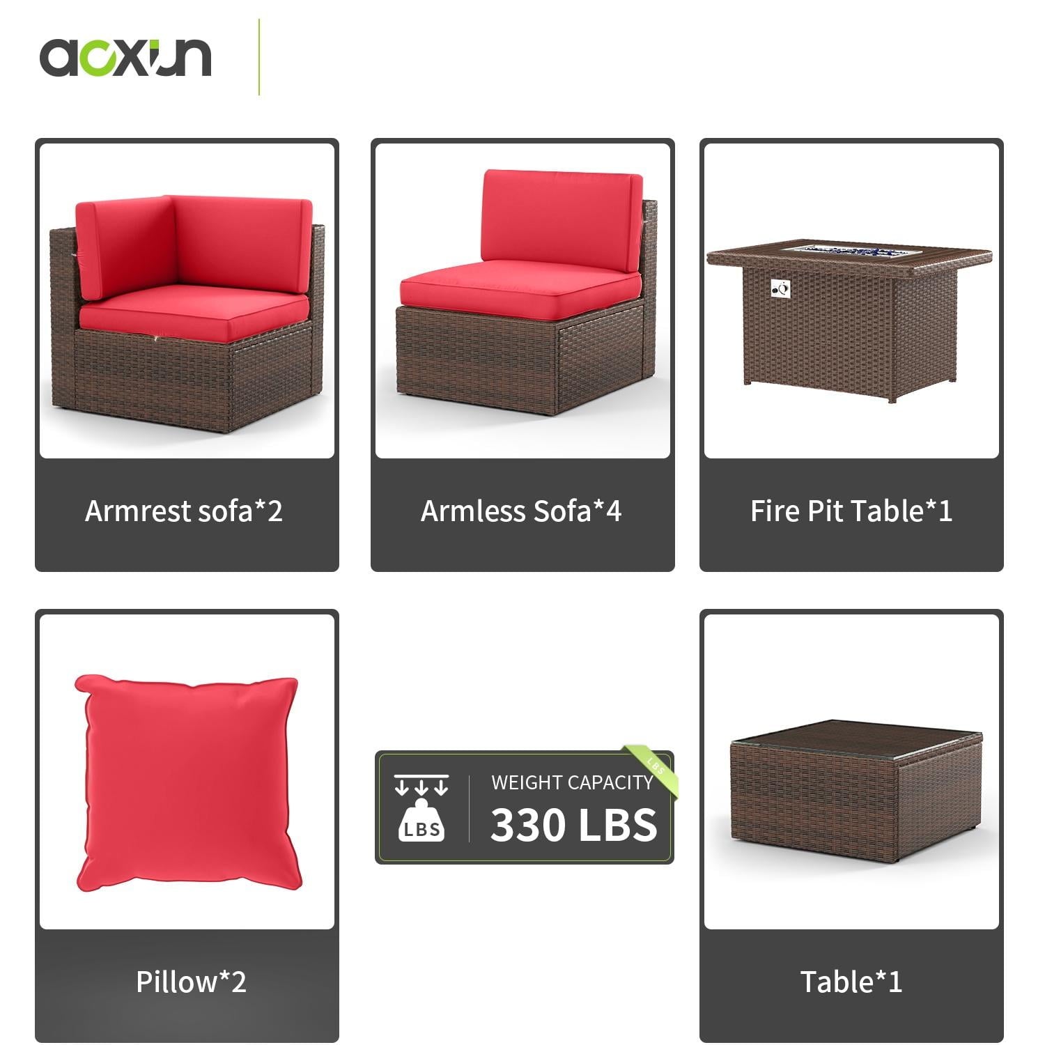 8 PCS Outdoor Patio Furniture Set with 44-inch Fire Pit Table, Red Cushions