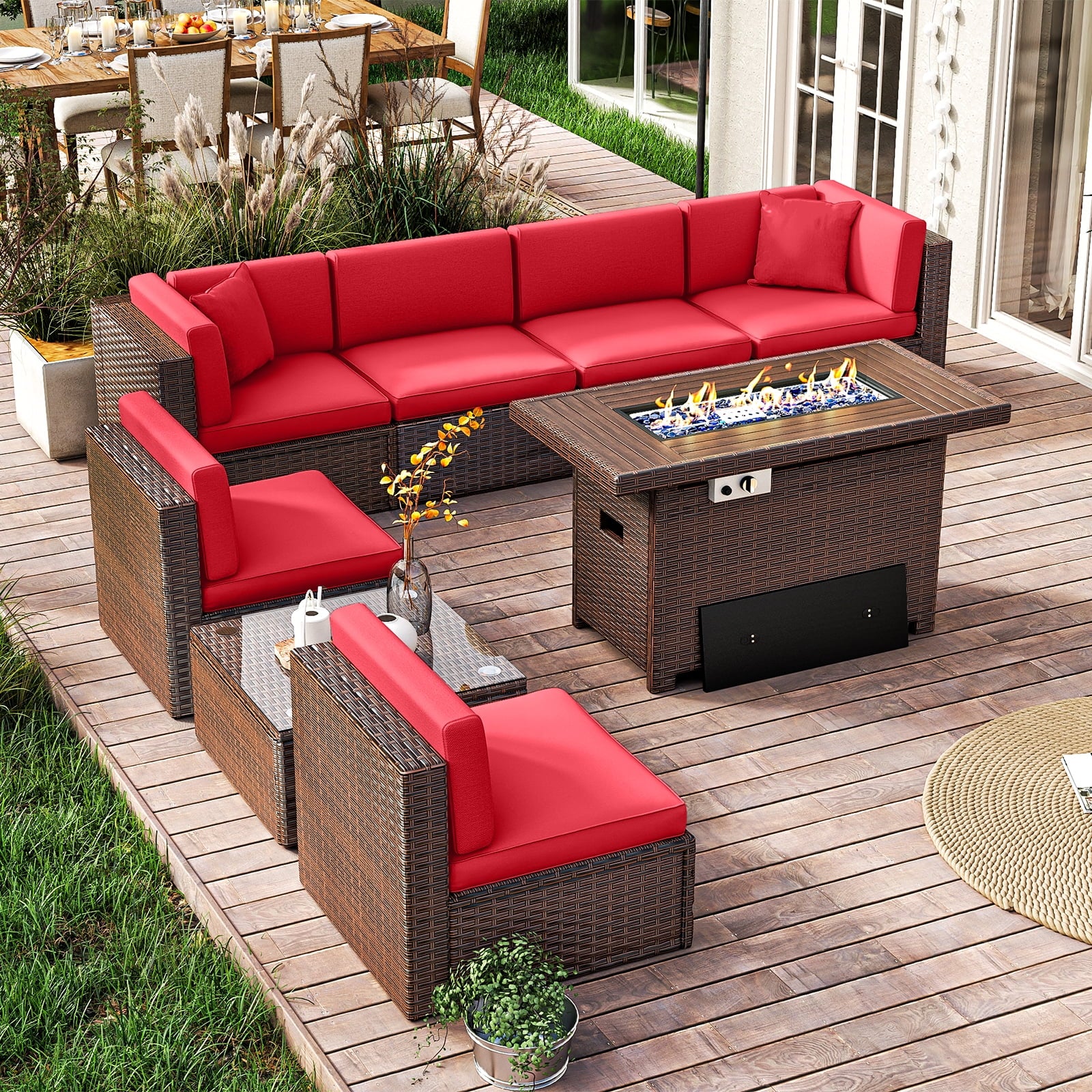 8 Pcs Patio Conversation Sets with Fire Pit Table,Patio Furnituire Sets,Red