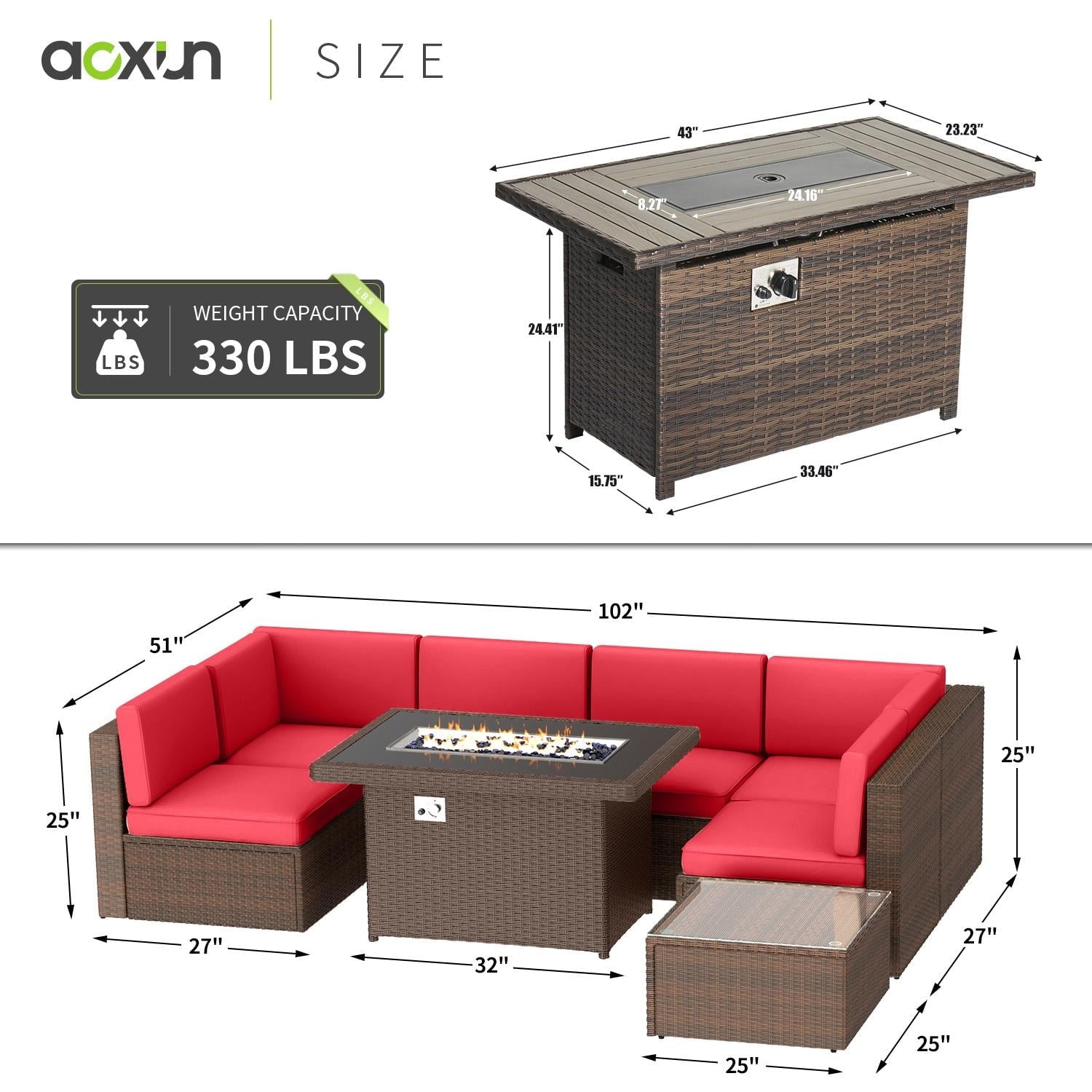 8 PCS Outdoor Patio Furniture Set with 44-inch Fire Pit Table, Red Cushions