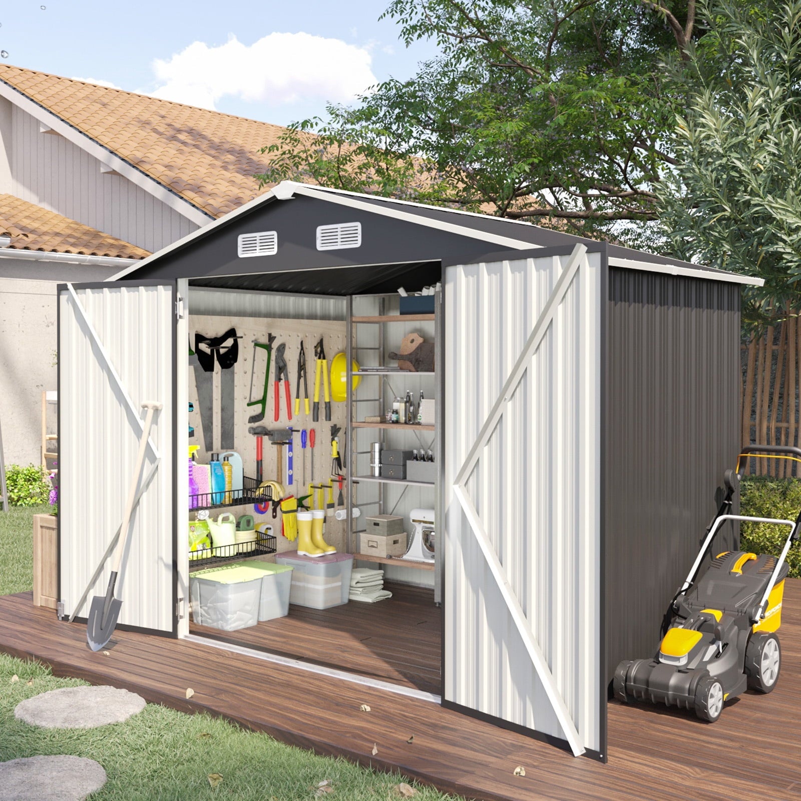 7.8’x 5.7’ Outdoor Storage Shed, Metal Garden Tool Shed with Lockable Door, Galvanized Steel Shed for Backyard, Lawn and Patio, Gray