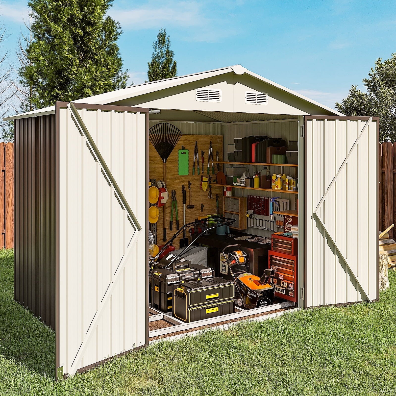 8’x 6’ Outdoor Storage Shed with Base Frame, Metal Garden Tool Shed with Lockable Door, Galvanized Steel Shed for Backyard, Lawn and Patio, Gray