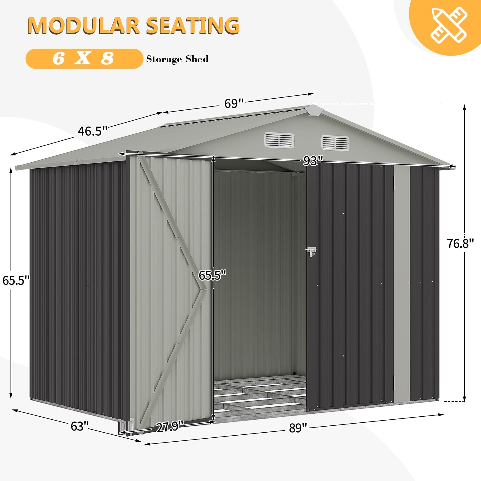 8’x 6’ Outdoor Storage Shed with Base Frame, Metal Garden Tool Shed with Lockable Door, Galvanized Steel Shed for Backyard, Lawn and Patio, Gray