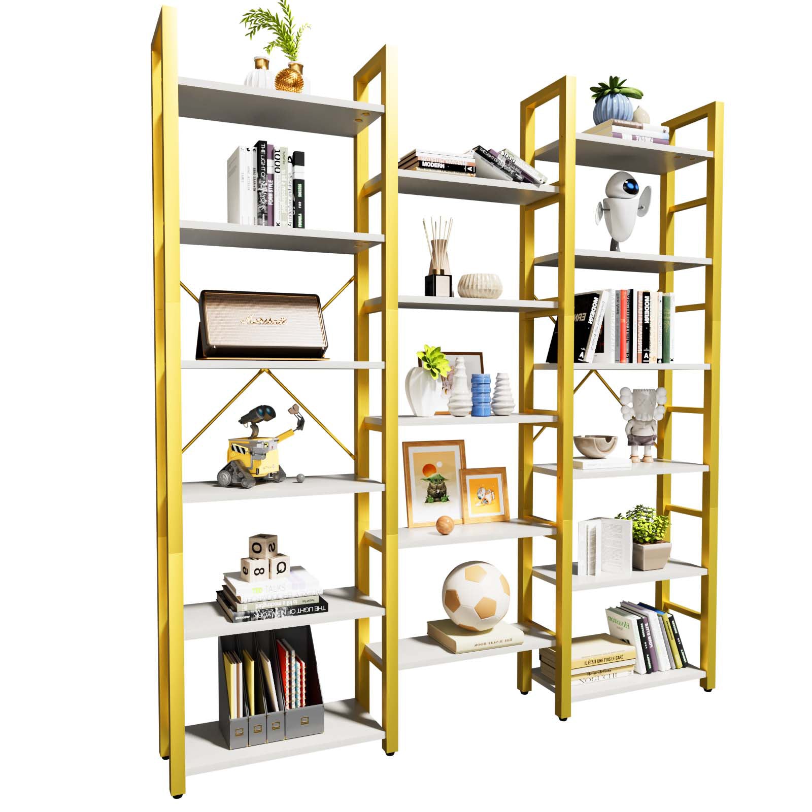 6 Tiers Triple Wide Corner Bookcase with 17 High Quality Solid Open Shelves, Gold