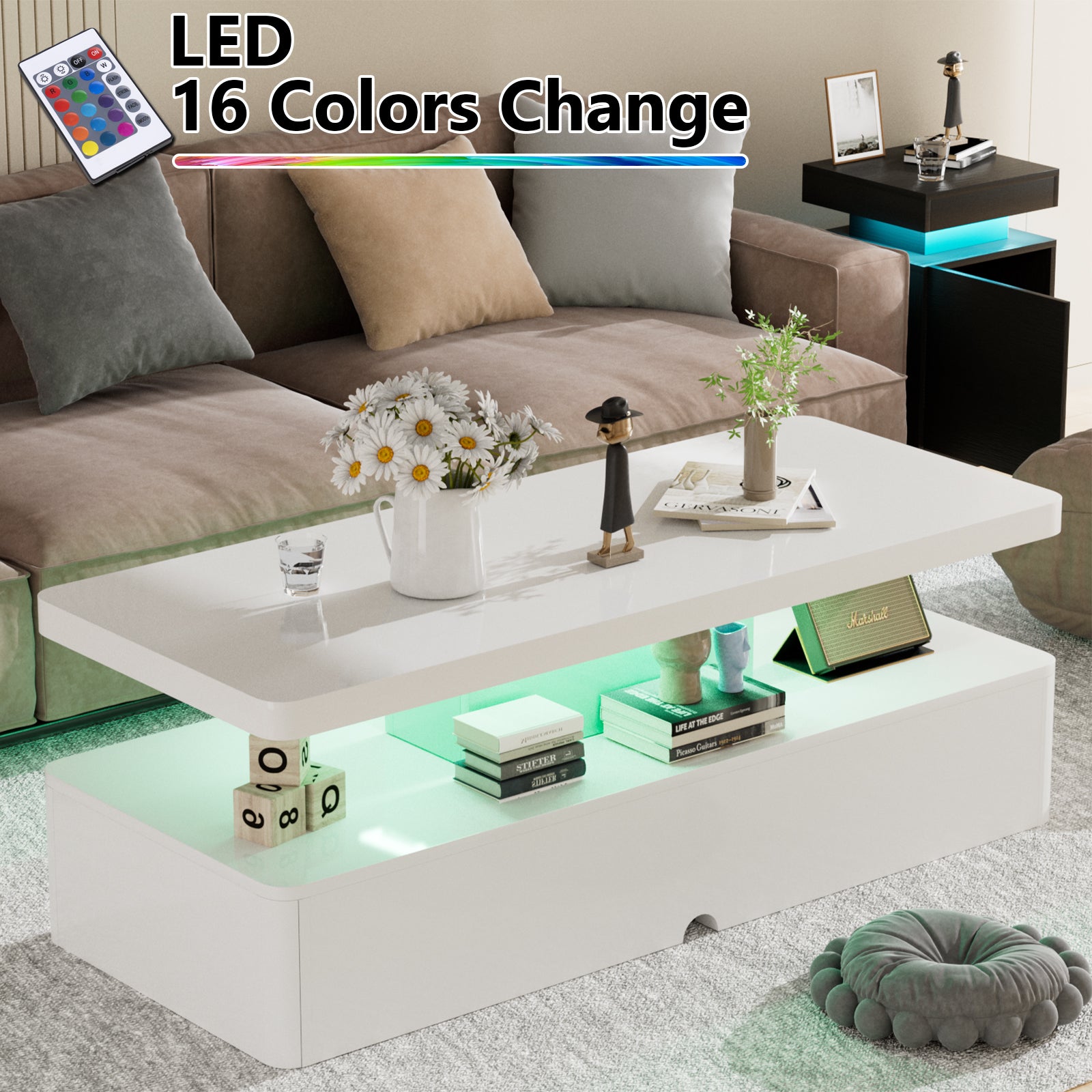 Modern Stylish Coffee Table with 16 Colors LED Lights, Double-Layer Design for Living Room, White High Gloss Acrylic