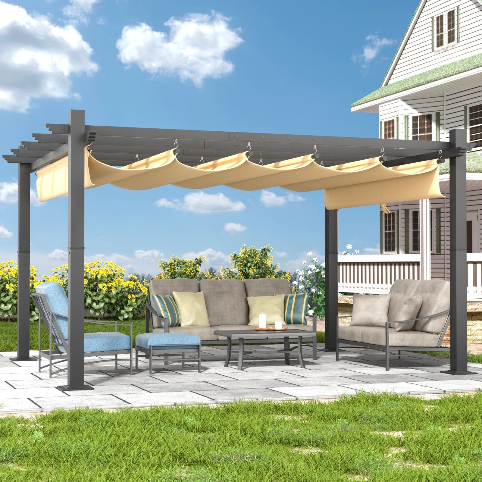 10'x12' Outdoor Retractable Pergola, with Sun-Proof Canopy, Patio Metal Pergolas Gazebos for Backyards, Gardens, Patios, Beige