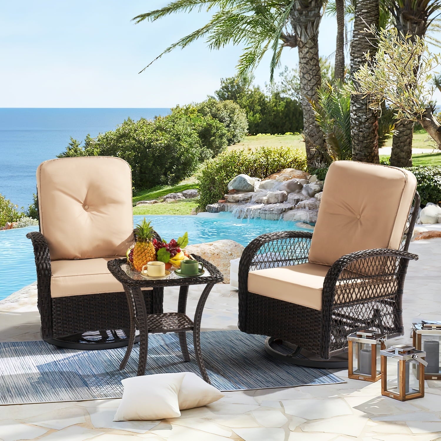 3 Pcs Outdoor Swivel Rocker Patio Chairs, 360 Degree Rocking Patio Conversation Set with Thickened Cushions and Glass Coffee Table for Backyard, Brown