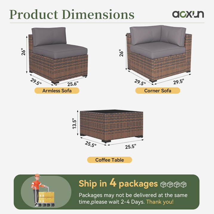 Aoxun 14 Piece Patio Furniture Set Wicker Rattan Patio Conversation Set Outdoor Sectional Sofa Set with Coffee Table and 4” Thickened Cushions, Gray(Waterproof Cover Included)