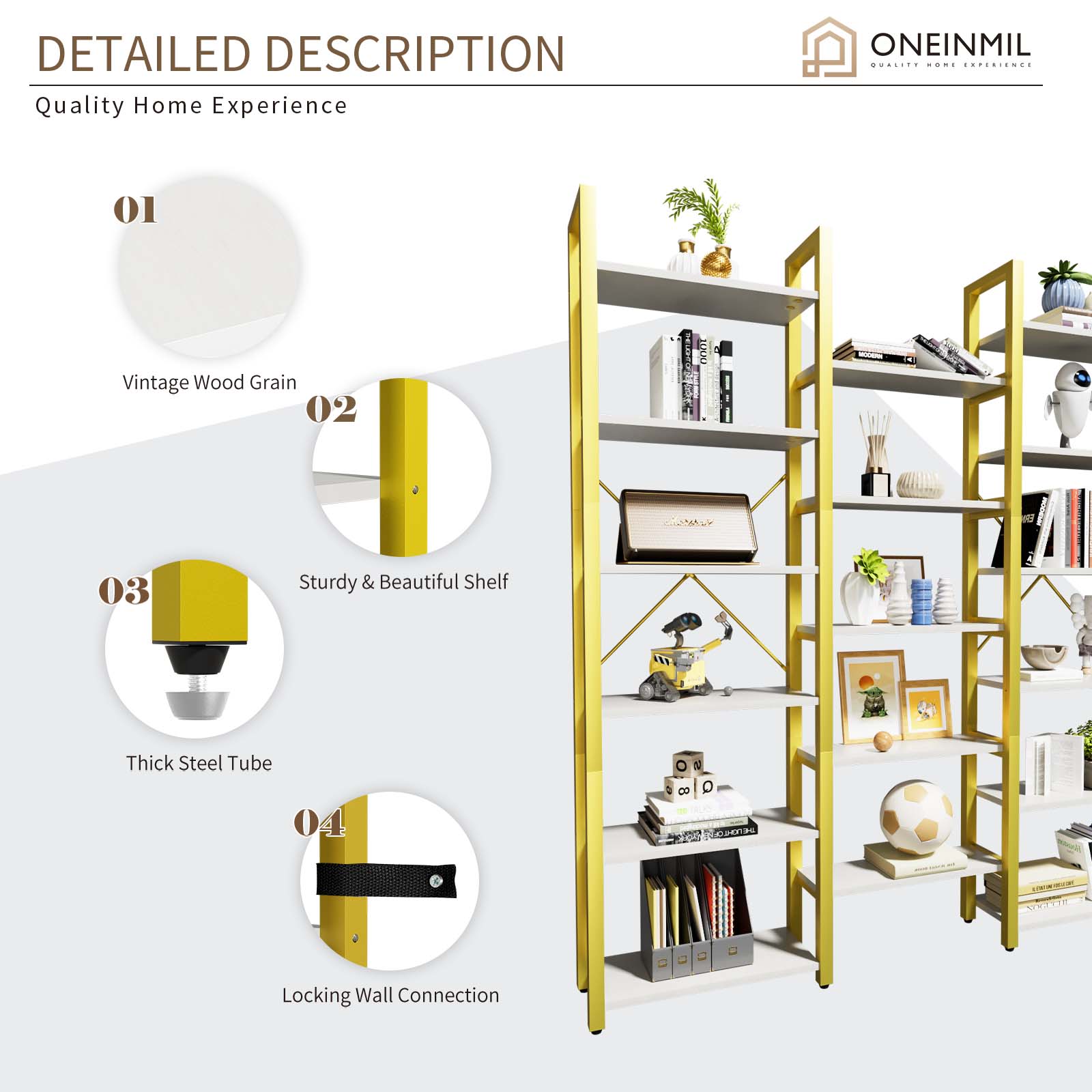 6 Tiers Triple Wide Corner Bookcase with 17 High Quality Solid Open Shelves, Gold