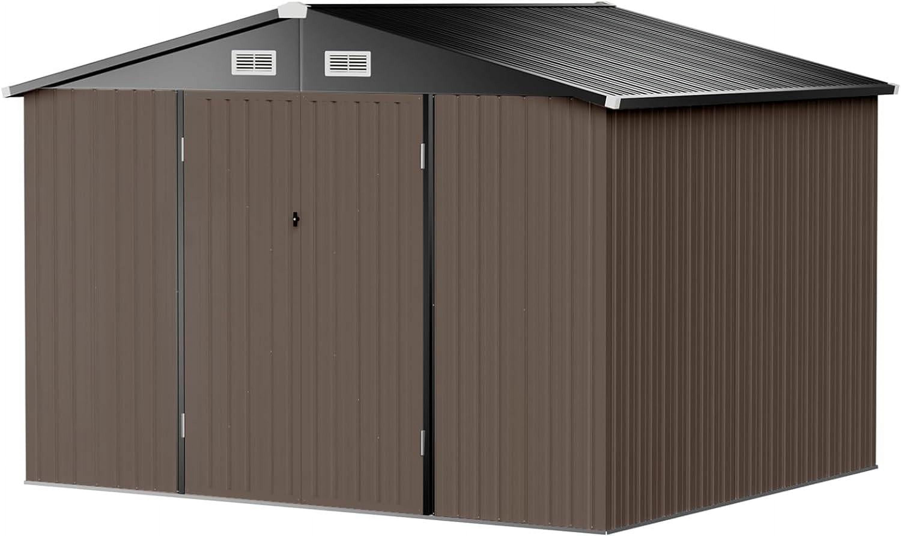 Outdoor Storage Shed, 9.7x7.6 FT, Metal Storage Shed with Door & Lock, Steel Utility Tool Shed with Base Frame for Backyard Garden Patio Lawn, Brown