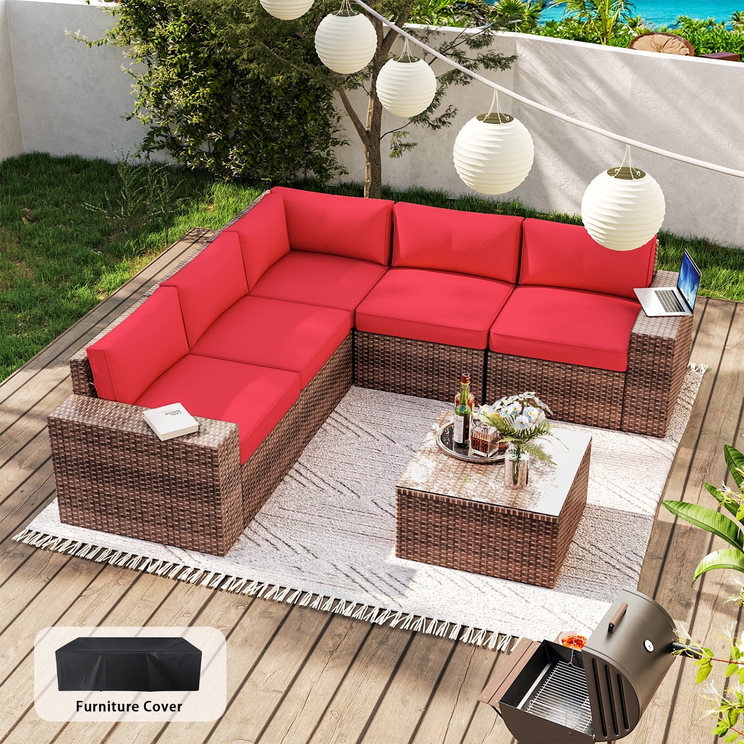 6 Pieces Patio Furniture Sets With Waterproof Cover, Outdoor Sectional Rattan Sofa Set, Outdoor Furniture Set with Coffee Table, Red