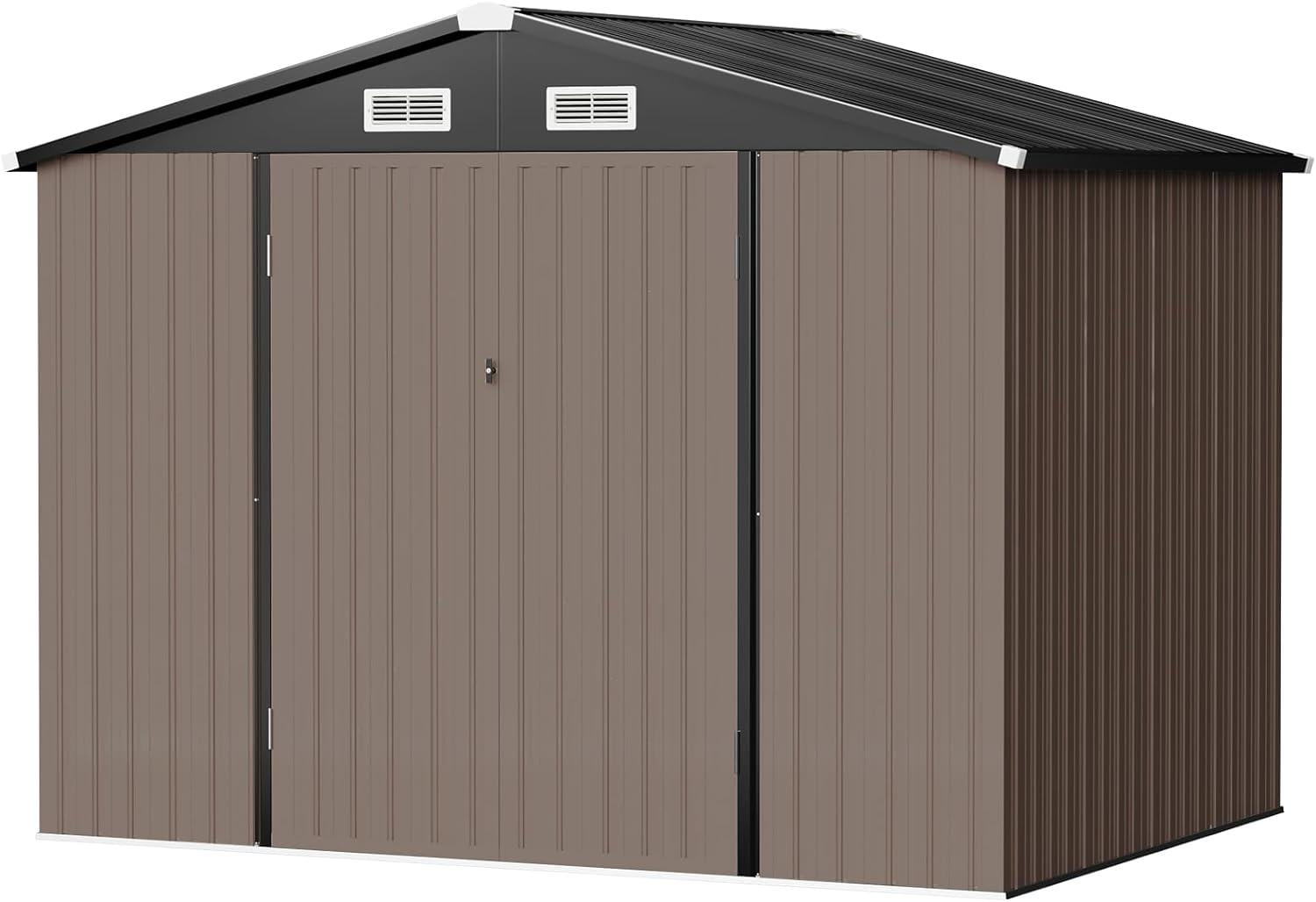 Outdoor Storage Shed, 8.5x5.6 FT, Metal Storage Shed with Door & Lock, Steel Utility Tool Shed for Backyard Garden Patio Lawn, Brown