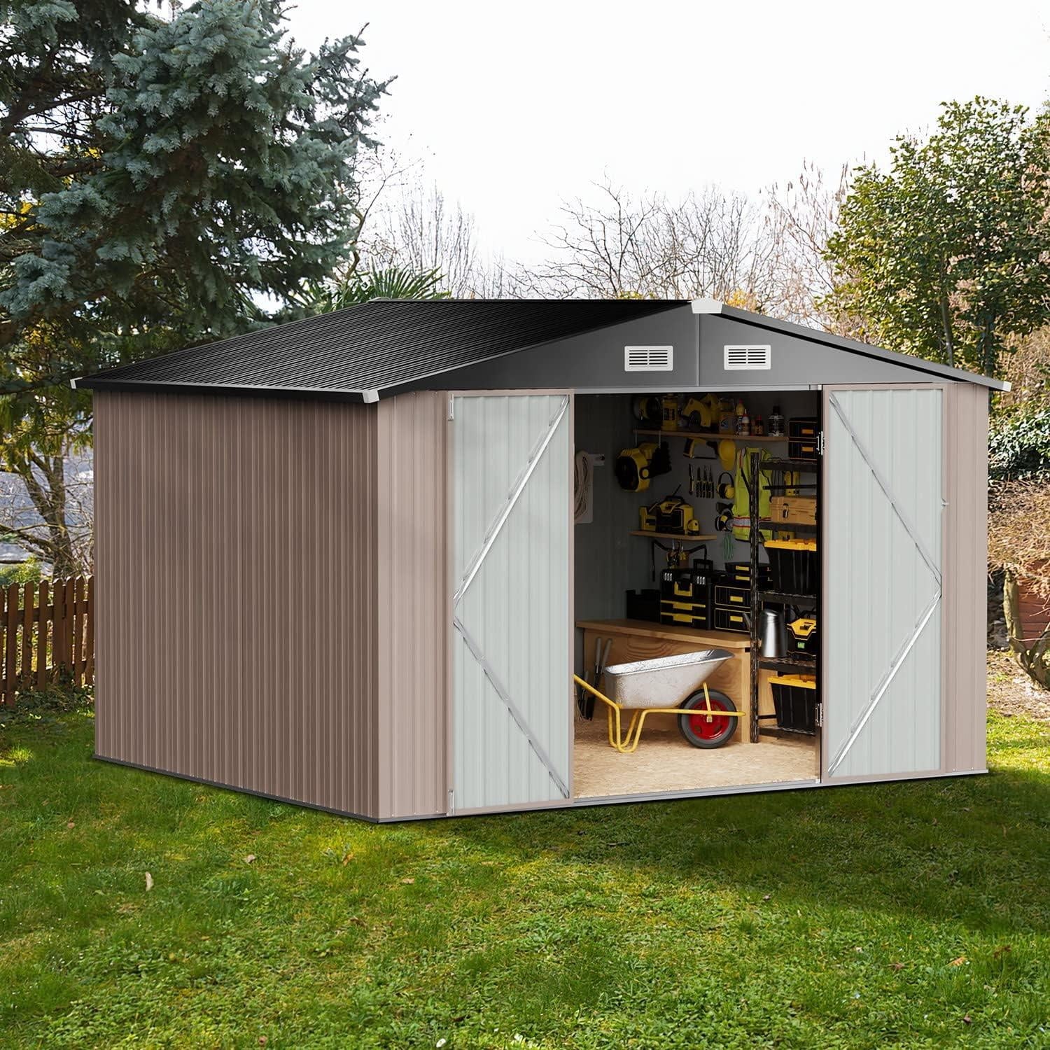 Metal Outdoor Storage Shed 9.7' x 7.6', Outdoor Metal Shed for Tool, Garden, Bike, Brown