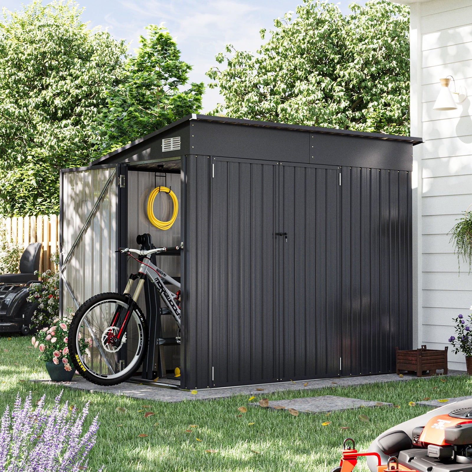 4' x 8' Shed Outdoor Storage Shed with Triple Lockable Door Metal Storage Cabinet with Sloped Roof for Bicycles, Tools Storage for Garden Use