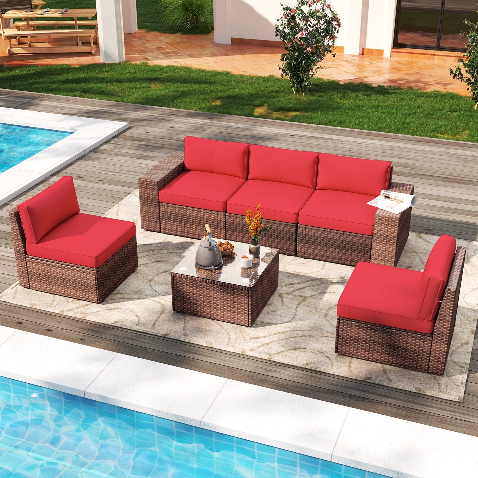 6 Pieces Patio Furniture Sets With Waterproof Cover, Outdoor Sectional Rattan Sofa Set, Outdoor Furniture Set with Coffee Table, Red