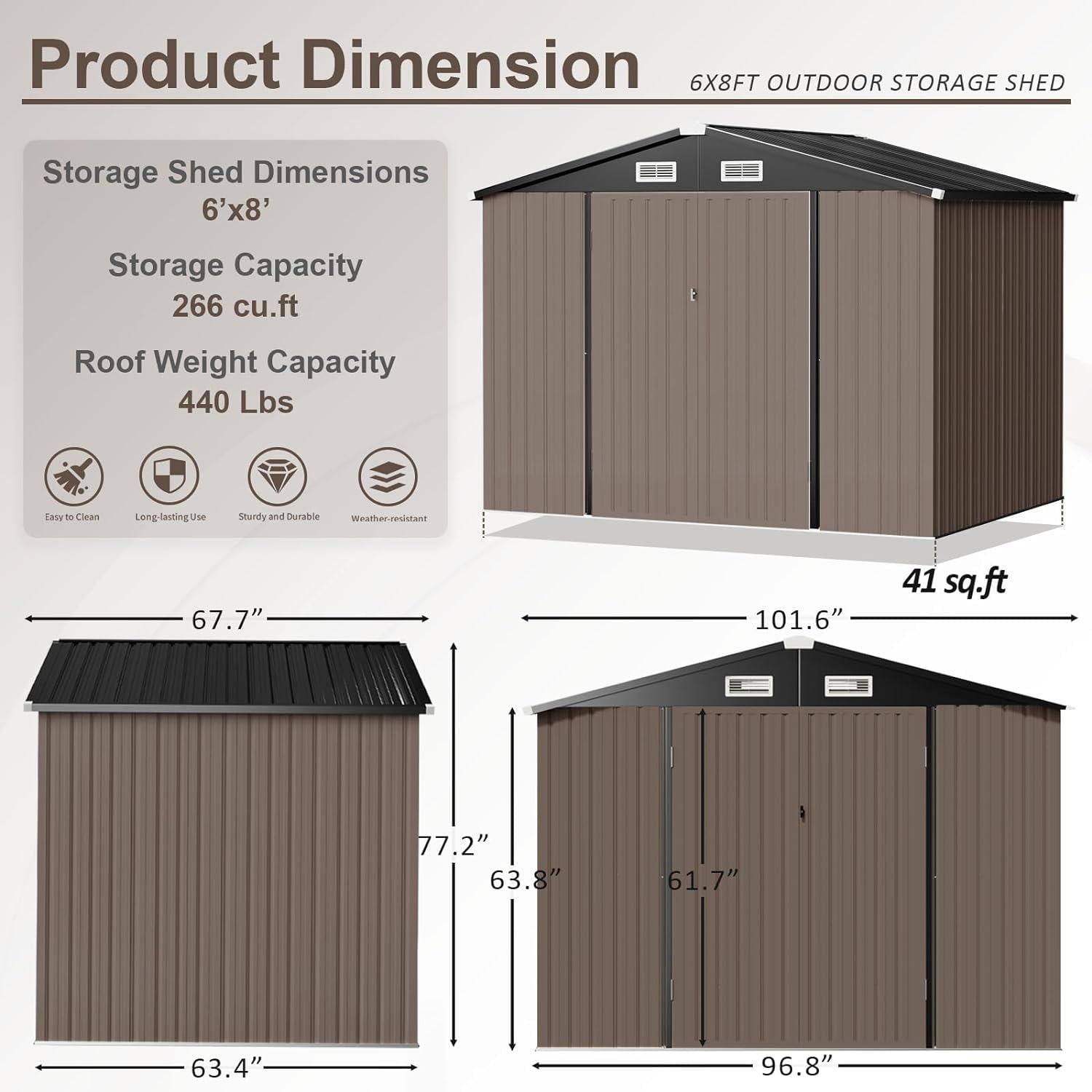 Outdoor Storage Shed, 8.5x5.6 FT, Metal Storage Shed with Door & Lock, Steel Utility Tool Shed for Backyard Garden Patio Lawn, Brown