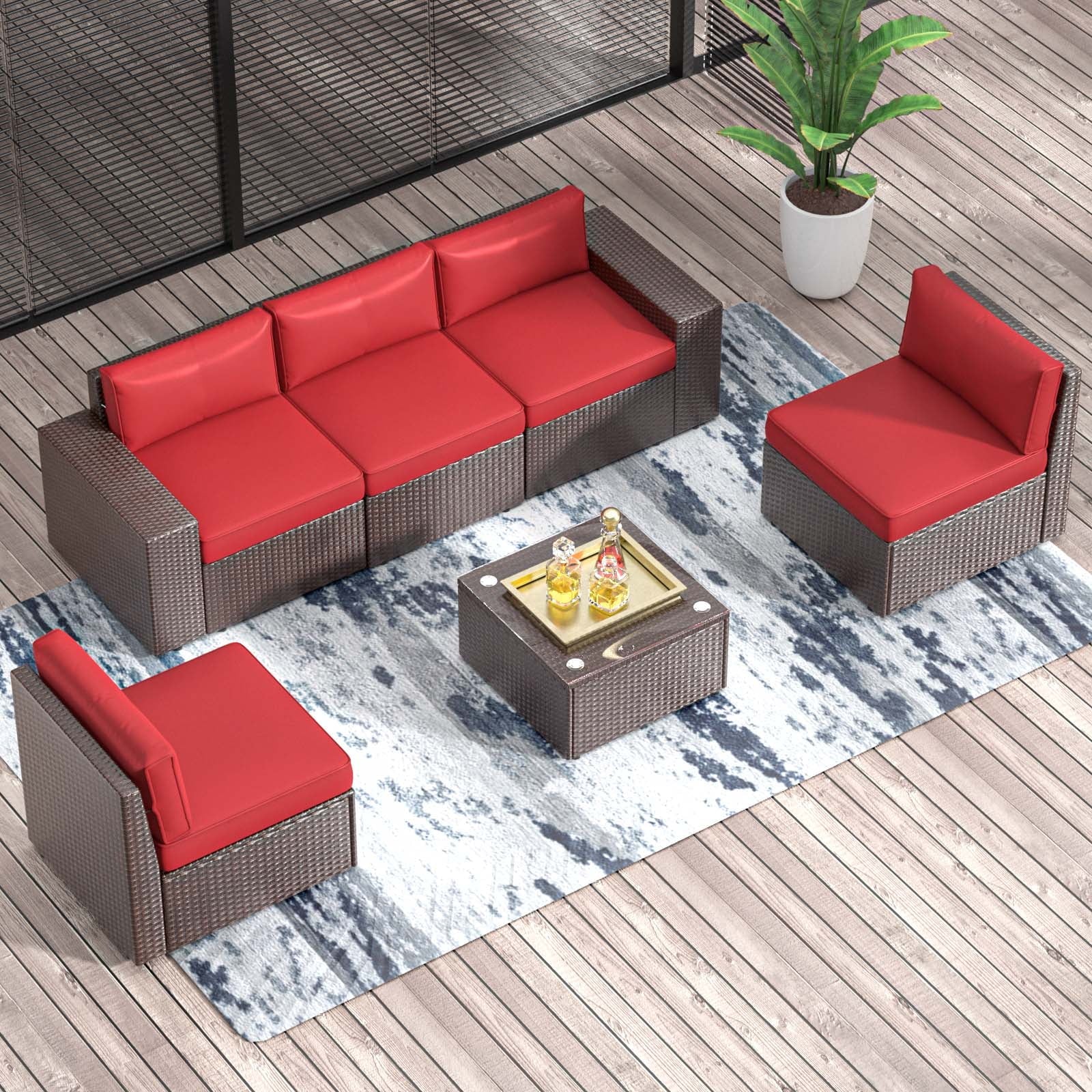 6Pcs Outdoor Patio Furniture Set, PE Wicker Outdoor Conversation Set With Coffee Table-Red(with Waterproof Cover)