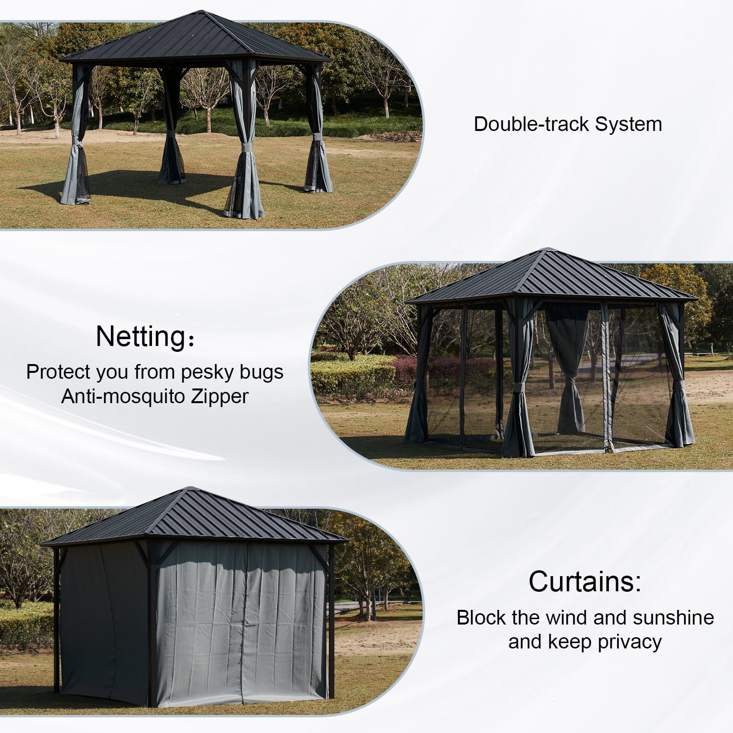 10x10 Hardtop Gazebo, Outdoor Metal Canopy Gazebo with Netting and Curtains for Garden, Patio, Backyards, Gray