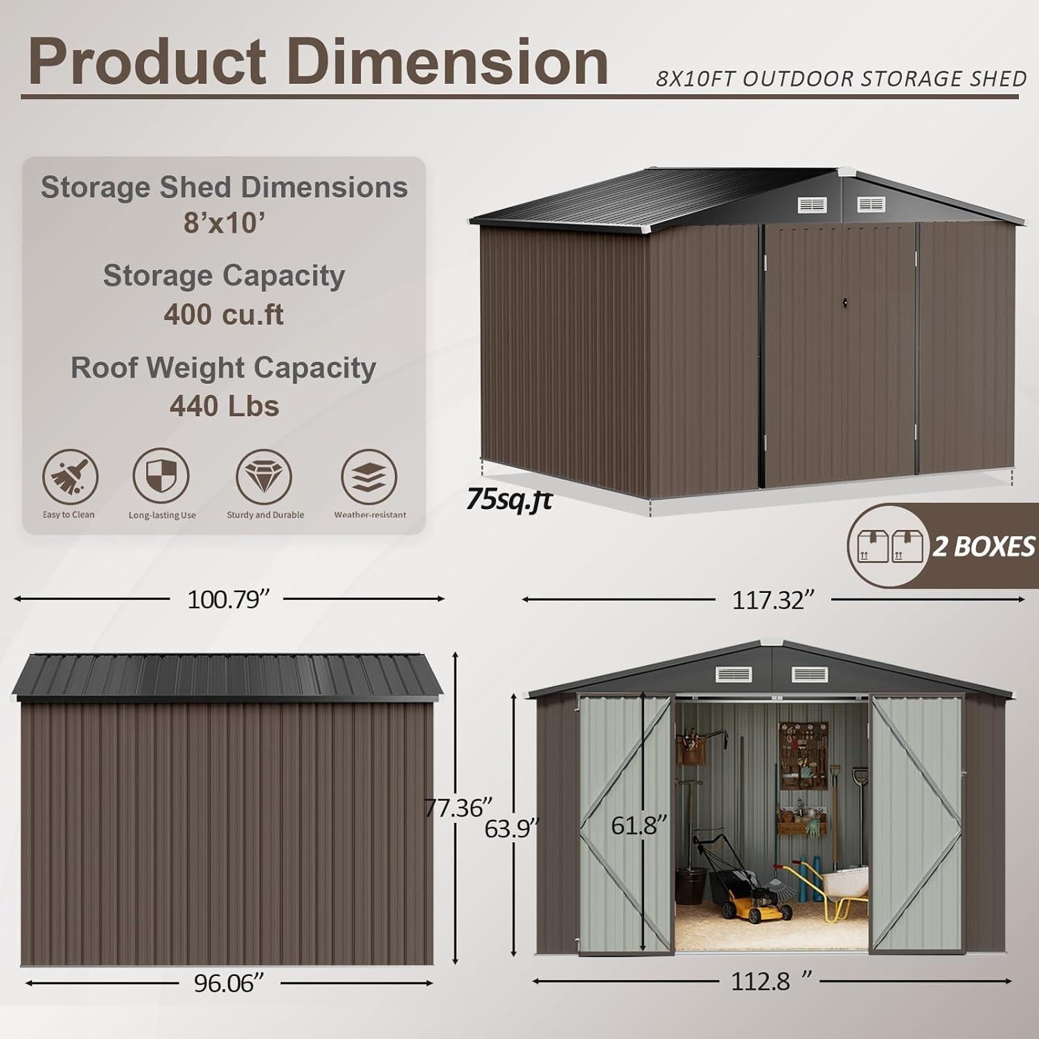 Outdoor Storage Shed, 9.7x7.6 FT, Metal Storage Shed with Door & Lock, Steel Utility Tool Shed for Backyard Garden Patio Lawn, Brown