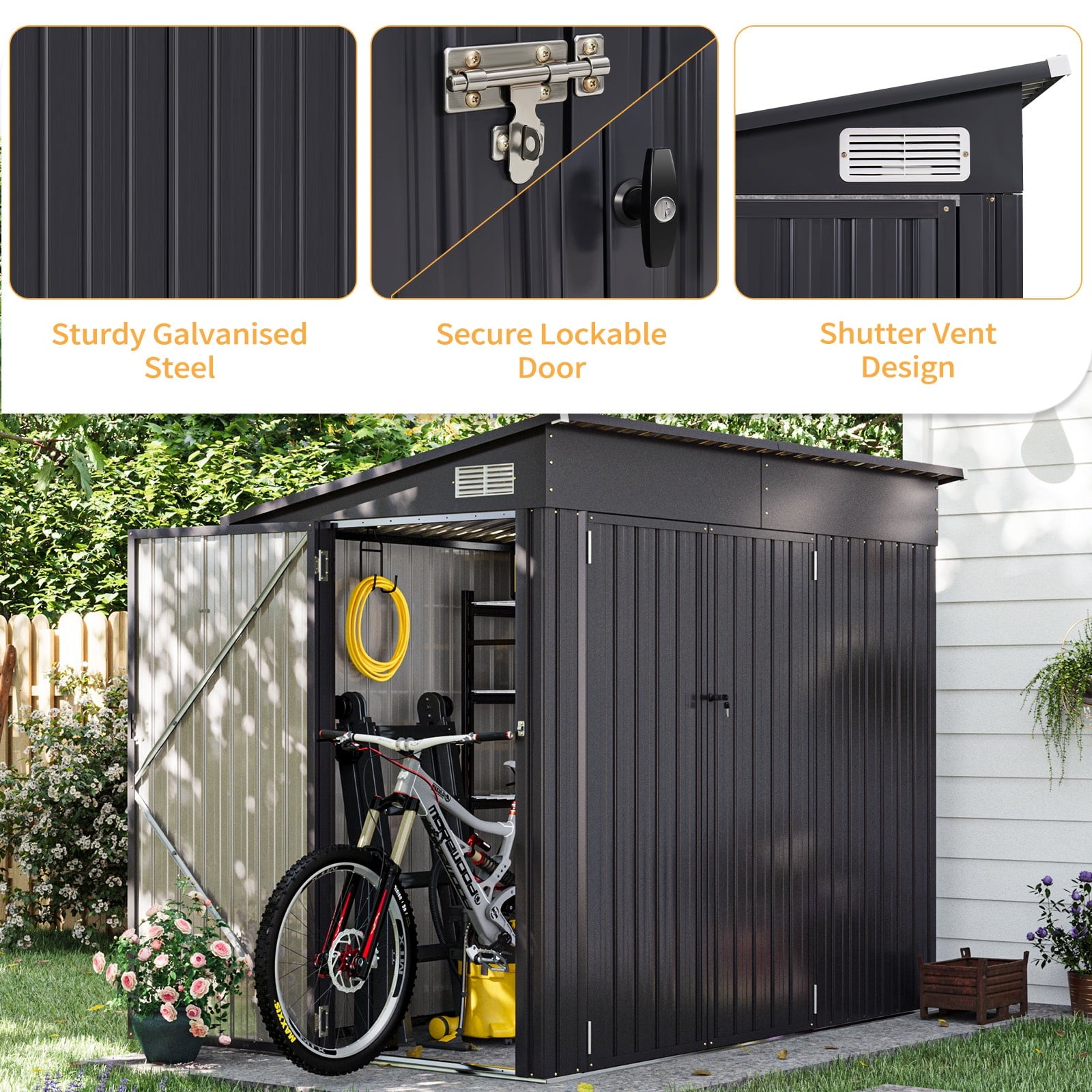 4' x 8' Shed Outdoor Storage Shed with Triple Lockable Door Metal Storage Cabinet with Sloped Roof for Bicycles, Tools Storage for Garden Use