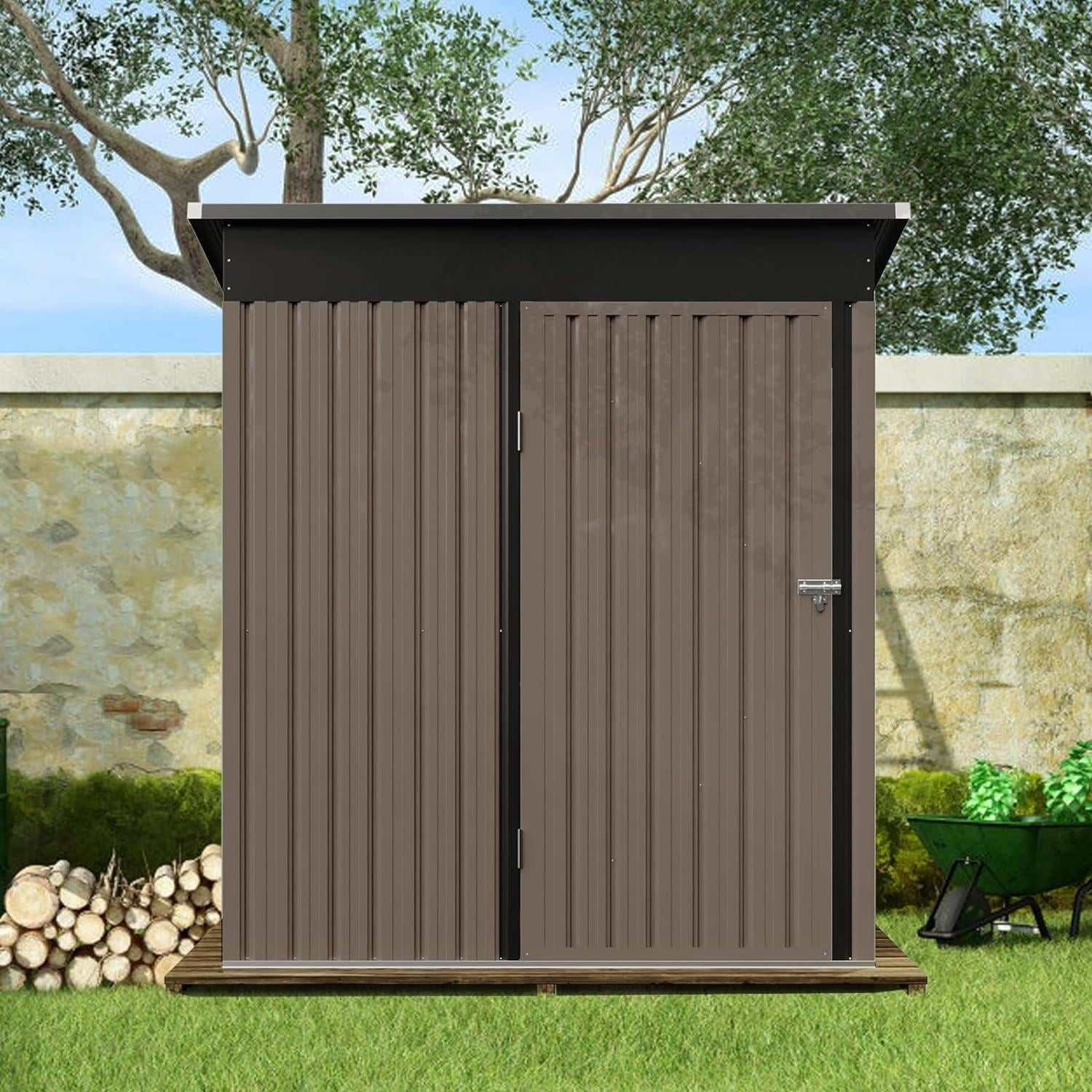 Outdoor Storage Shed, 5x3 FT, Metal Storage Shed with Door & Lock, Steel Utility Tool Shed for Backyard Garden Patio Lawn, Brown