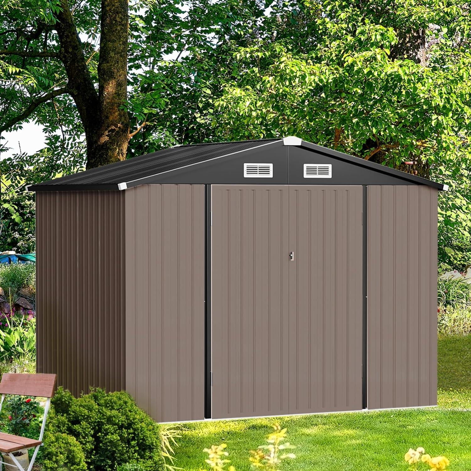 Outdoor Storage Shed, 8.5x5.6 FT, Metal Storage Shed with Door & Lock, Steel Utility Tool Shed with Base Frame for Backyard Garden Patio Lawn, Brown