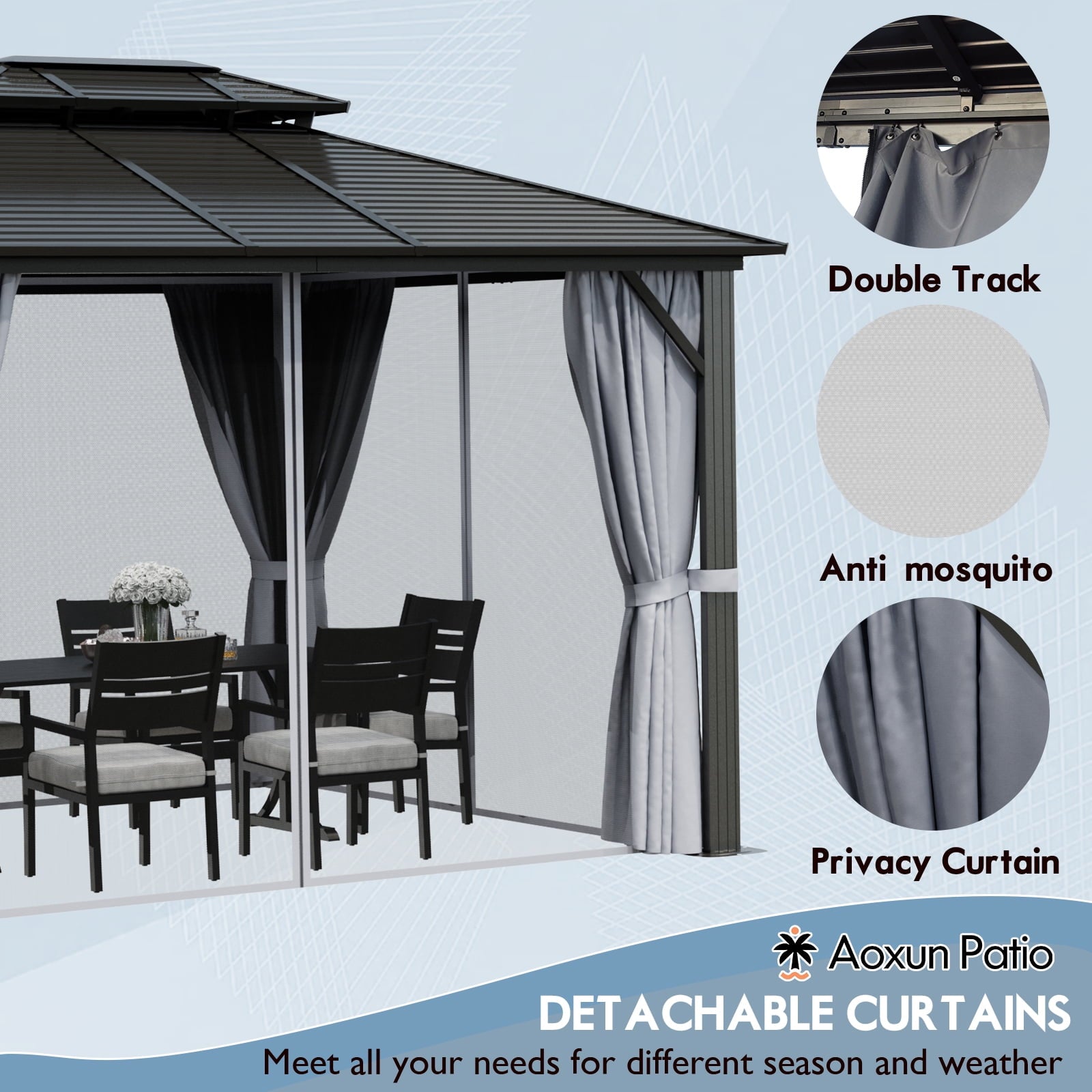 12'x16’Outdoor Hardtop Gazebo, Galvanized Double Roof Aluminum Pavilion with Netting and Curtains for Garden, Patio, Lawns, Gray