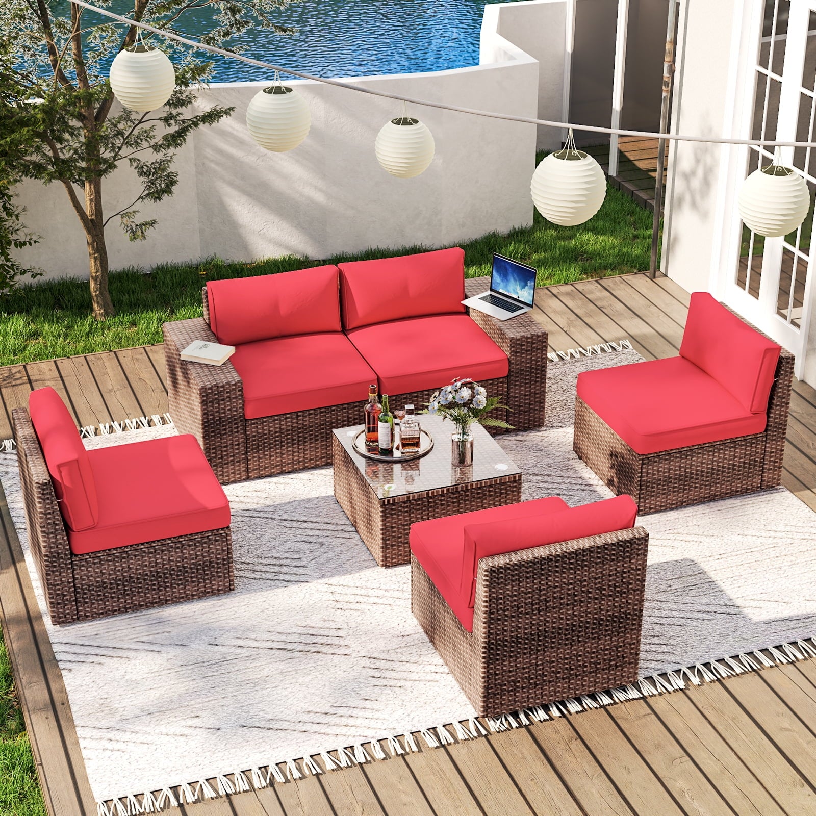 6 Pieces Patio Furniture Sets With Waterproof Cover, Outdoor Sectional Rattan Sofa Set, Outdoor Furniture Set with Coffee Table, Red