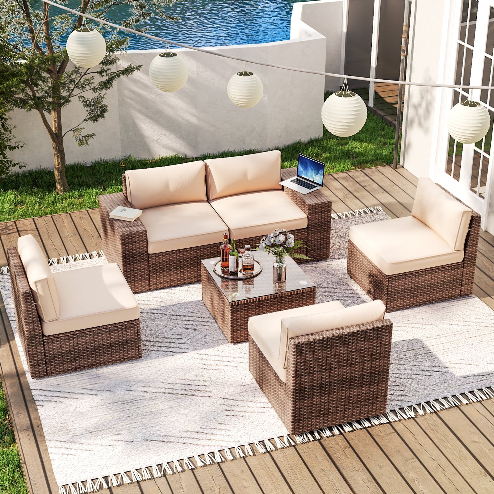 6 Pieces Patio Furniture Sets With Waterproof Cover, Outdoor Sectional Rattan Sofa Set, Outdoor Furniture Set with Coffee Table, Beige